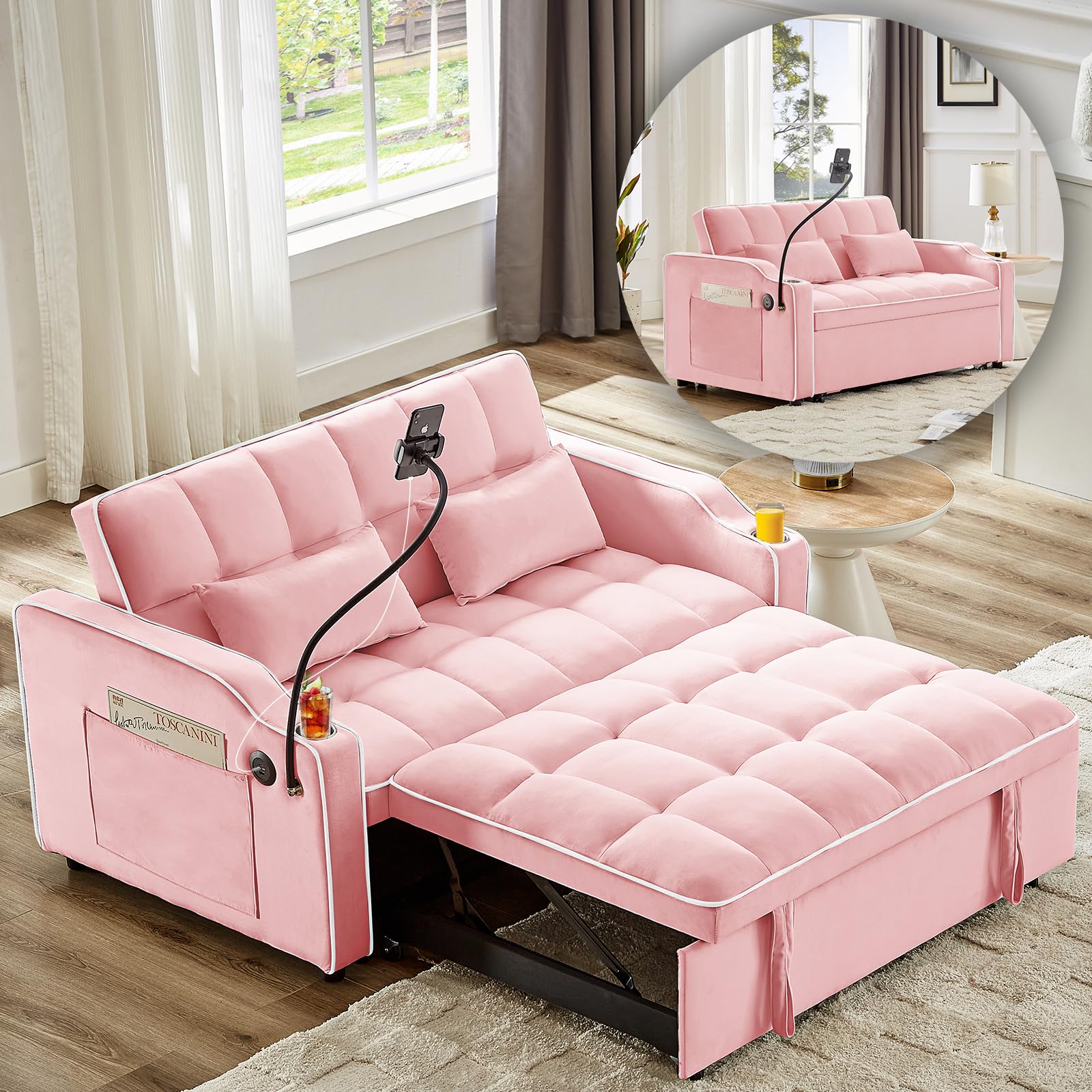 tiramisubest Convertible Sofa Bed, Sleeper Sofa with Side Pocket, Adjustable Backrest, Living Room Sofa with Phone Holder, Pull Out Couch, Loveseat with Cup Holder and USB Interface (Velvet, Pink)