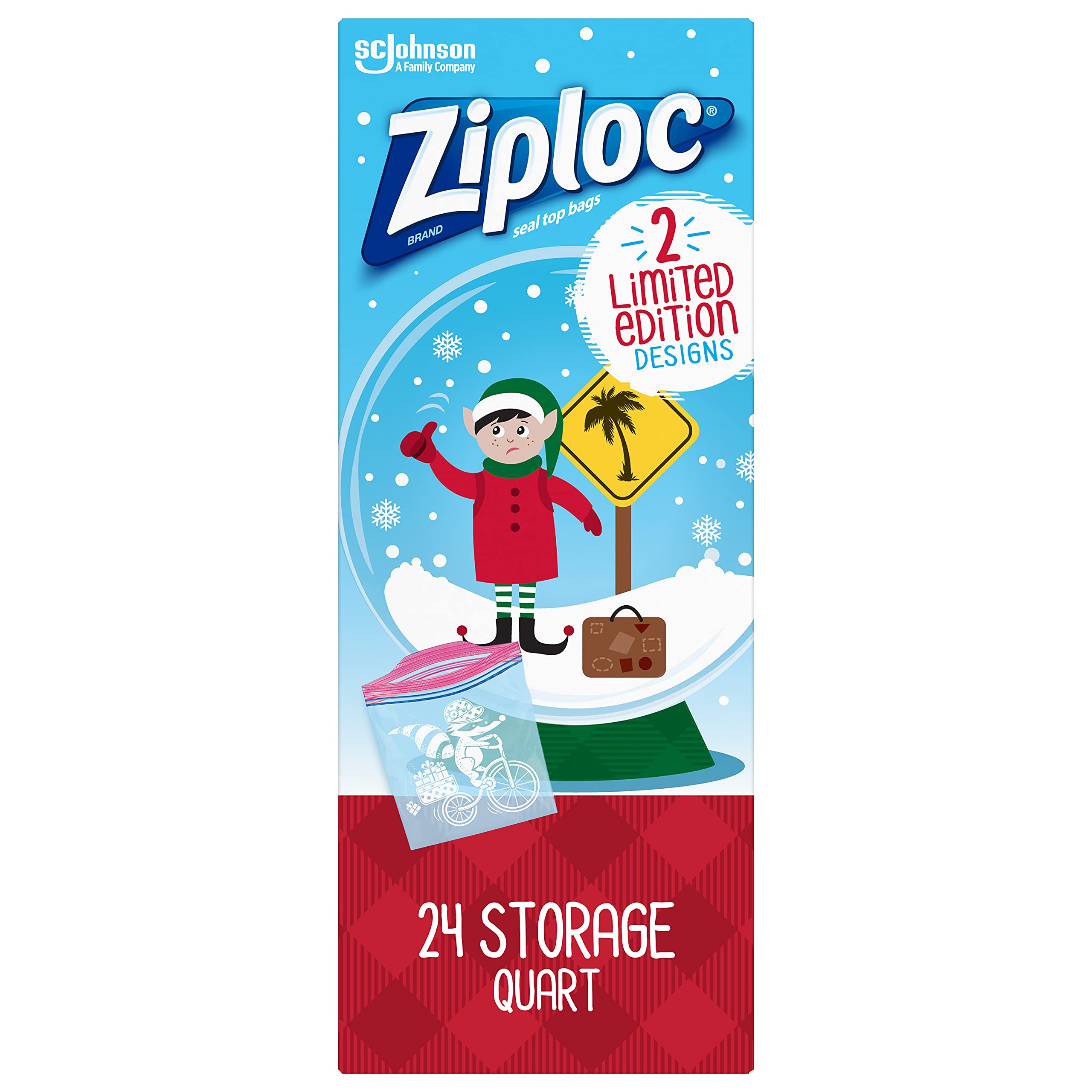 Quart Food Storage Bags, Grip 'n Seal Technology for Easier Grip, Open, and Close, 24 Count, Holiday Designs, Packaging May Vary