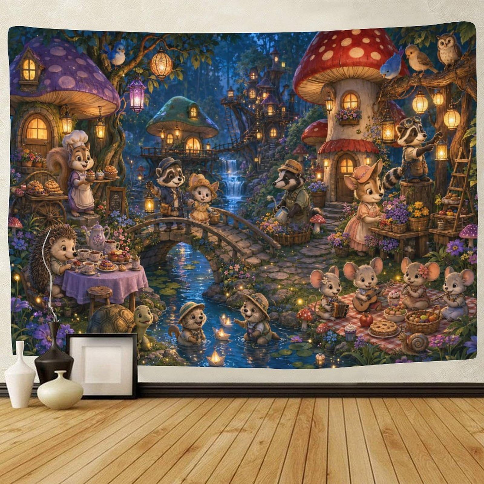 ASDFGHJKLZA Mushroom Village Animals Wall Art Decor 3D Print Wall Tapestry Tapestries Poster Curtain Bedroom College Dorm 130cmx150cm