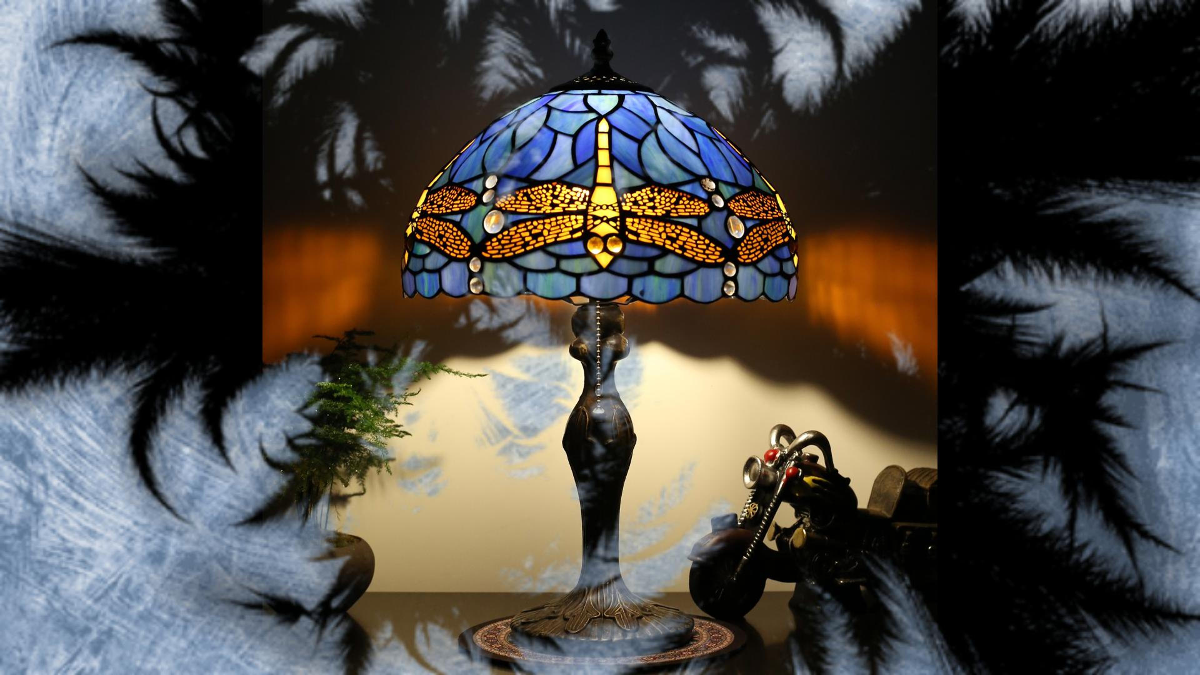 Image of Tiffany Table Lamp Stained Glass Reading Lamp Blue Dragonfly Style