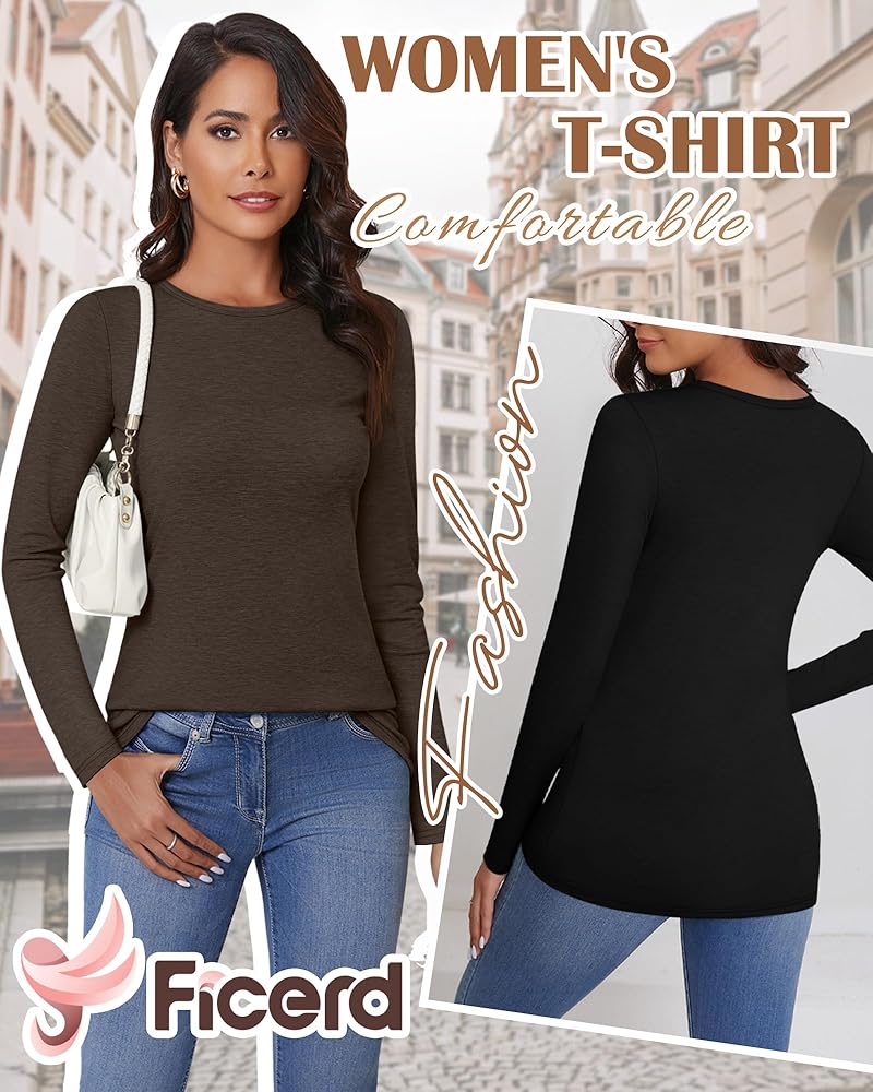 Ficerd 3 Pack Women's Long Sleeve T-Shirts Crew Neck Casual