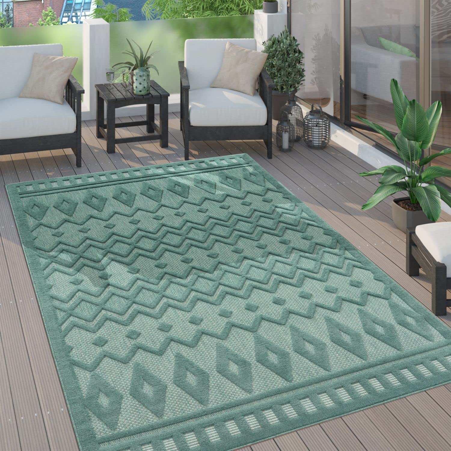 Paco Home Tappeto per esterni, terrazza, soggiorno, cucina, motivo scandinavo, motivo etnico, tinta unita, dimensioni: 160 x 220 cm, colore: antracite 4