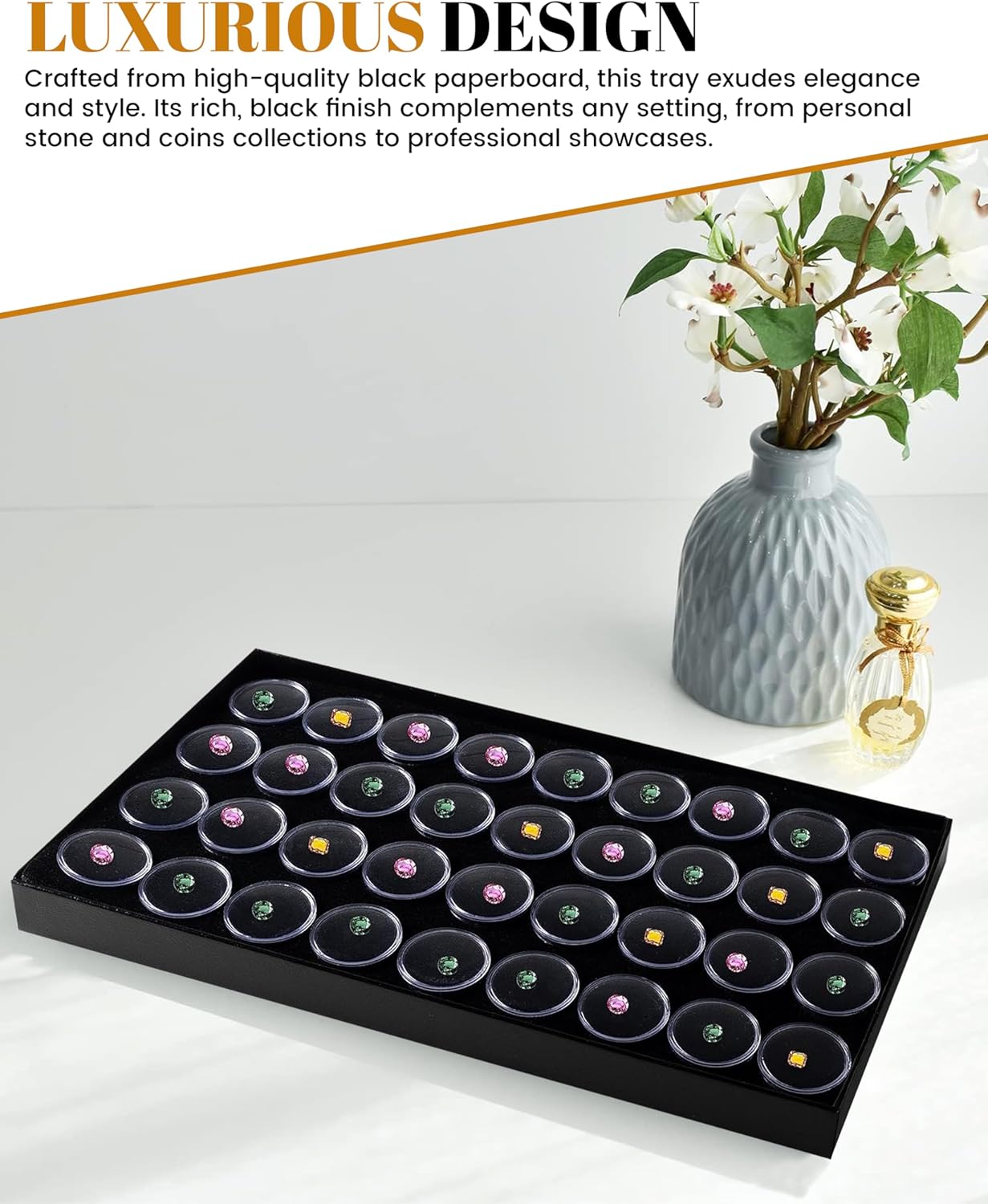 Novel Box Gem Display Case 8.25x14.75x1 36 Gems Jars | Cardboard Gemstone Display Case with Fitted Lid & Black Jewelry Tray Foam Liner | Gemstone Tray Gemstone Jars | Display Boxes for Collectibles