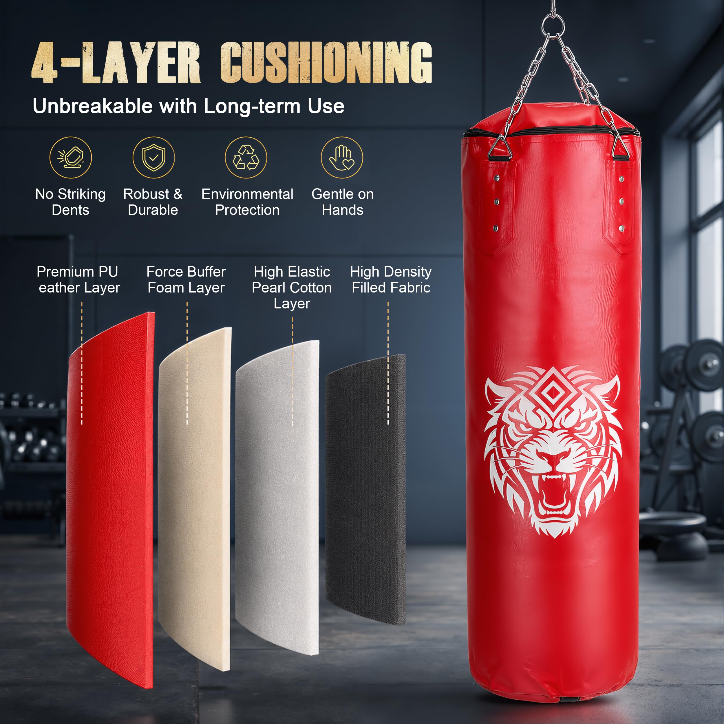 Boxsack Set Erwachsene 120 cm – Schwerer Boxsack mit 10 oz Boxhandschuhen, Griffkrafttrainer, Springseil, Reflexball, Handwraps, Deckenmontage – Komplettset für Heimtraining MMA Karate