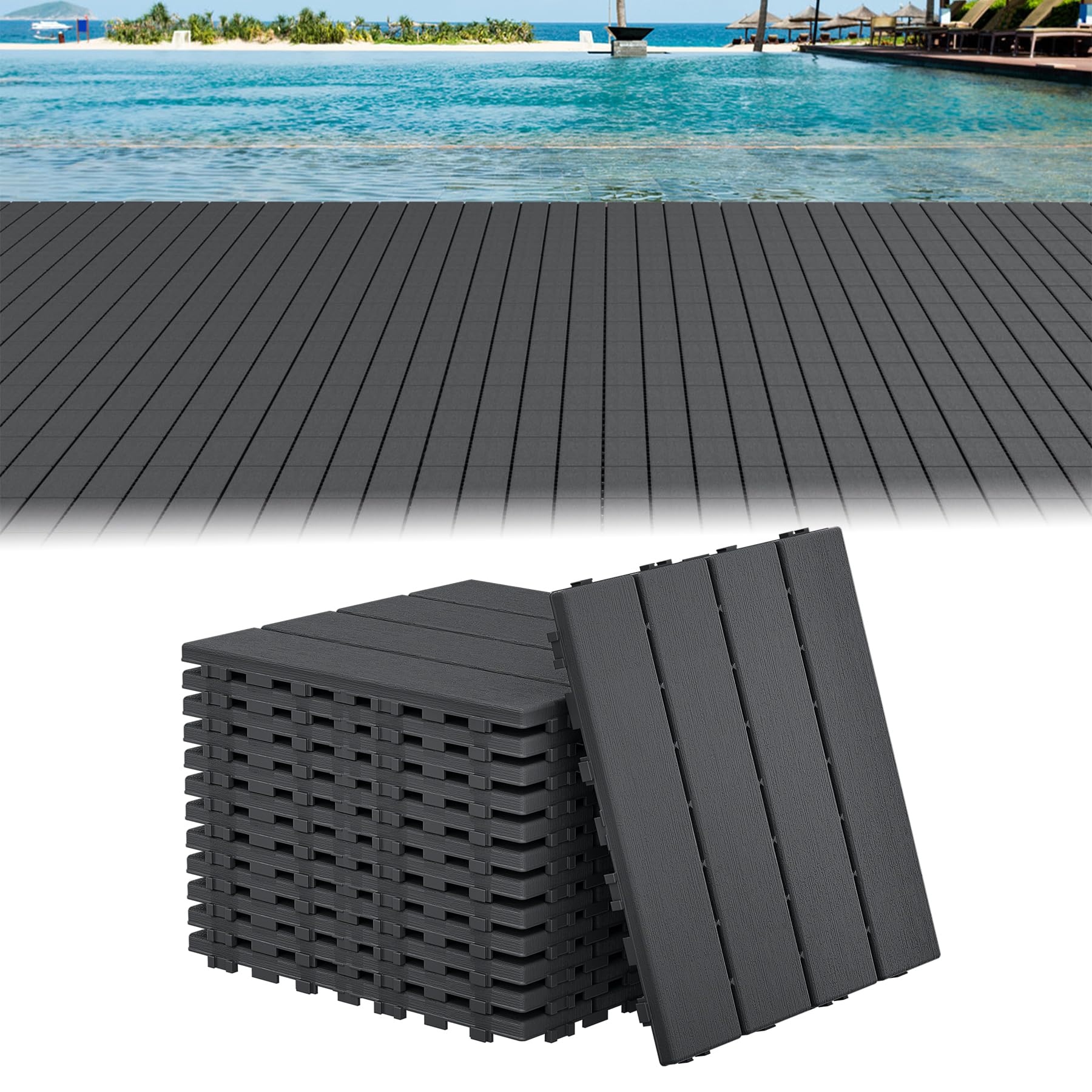 UISEBRT Lot de 44 dalles de terrasse à clipser, avec aspect grain de bois, résistantes aux intempéries, avec fonction de drainage, 30 x 30 cm, anthracite
