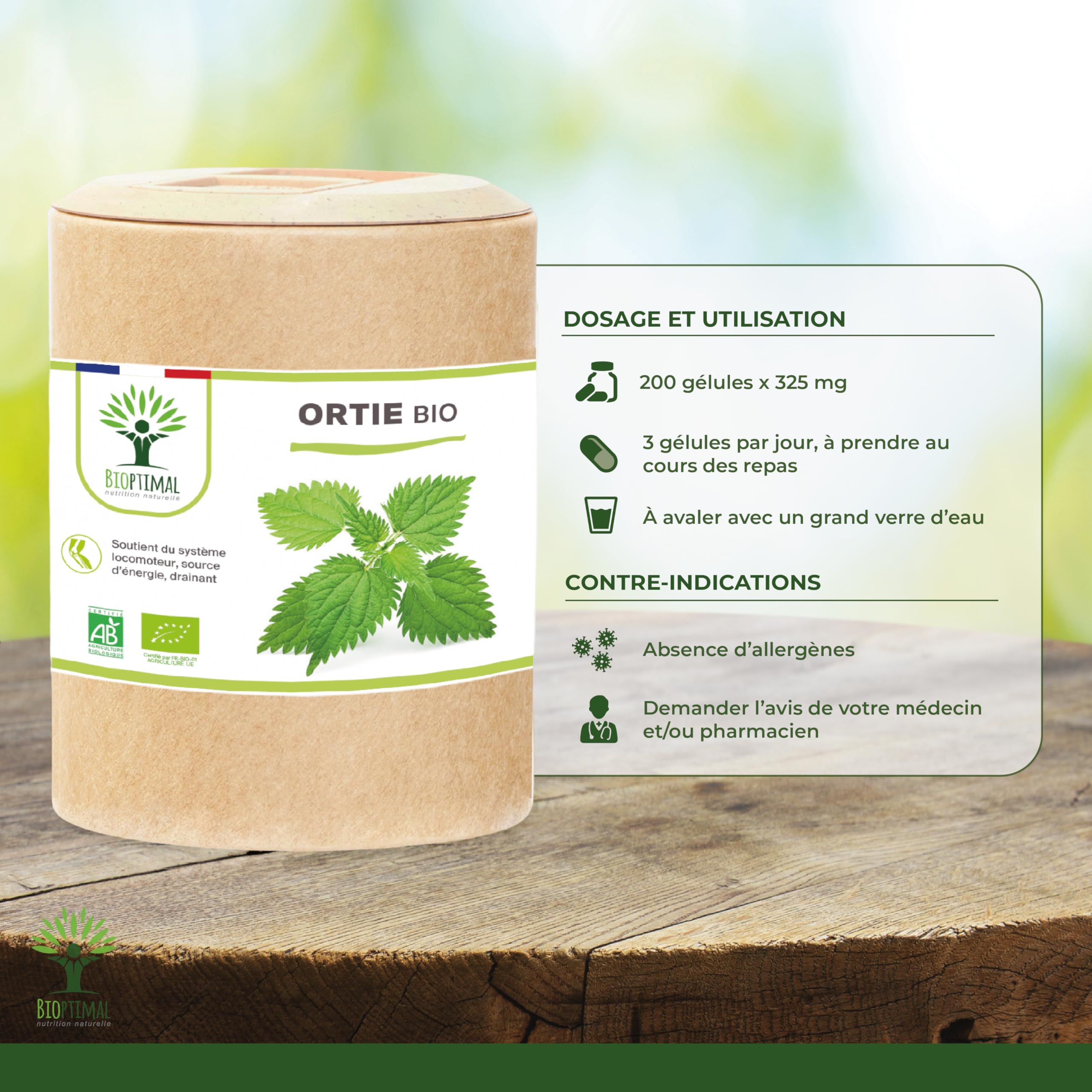 Ortie Bio - Bioptimal - Complément Alimentaire - Silicium Organique - Poudre de Feuille Ortie Pure - Articulation Peau Circulation - 250 mg/gélule - Cultivé en France - Certifié Ecocert - 200 gélules