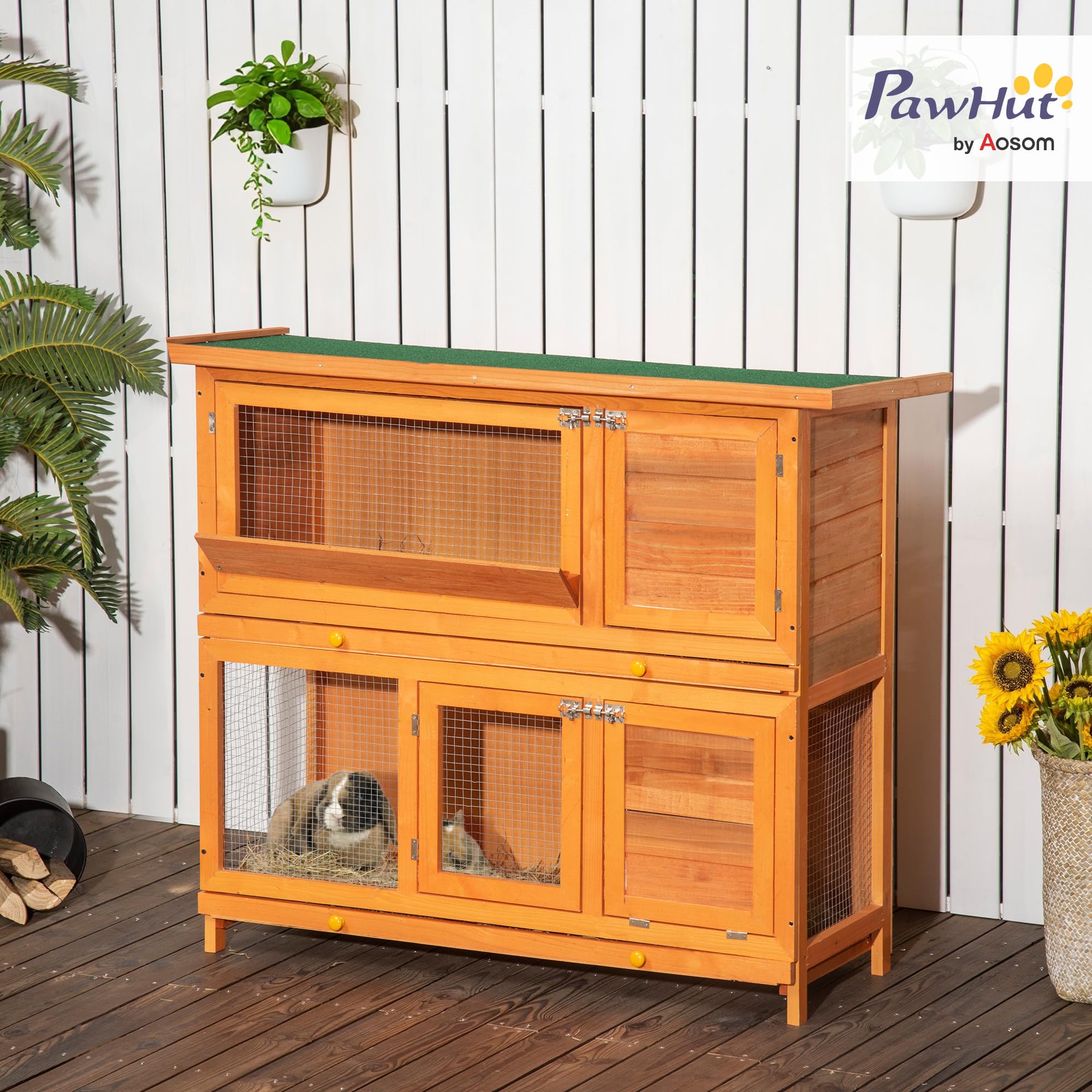 PawHut Conejera de Madera Exterior de 2 Niveles, Jaula para Conejos con Techo de Asfalto Abatible, Puertas, Rampa y 2 Bandejas Extraíbles, 120x48x100 cm, Madera Natural