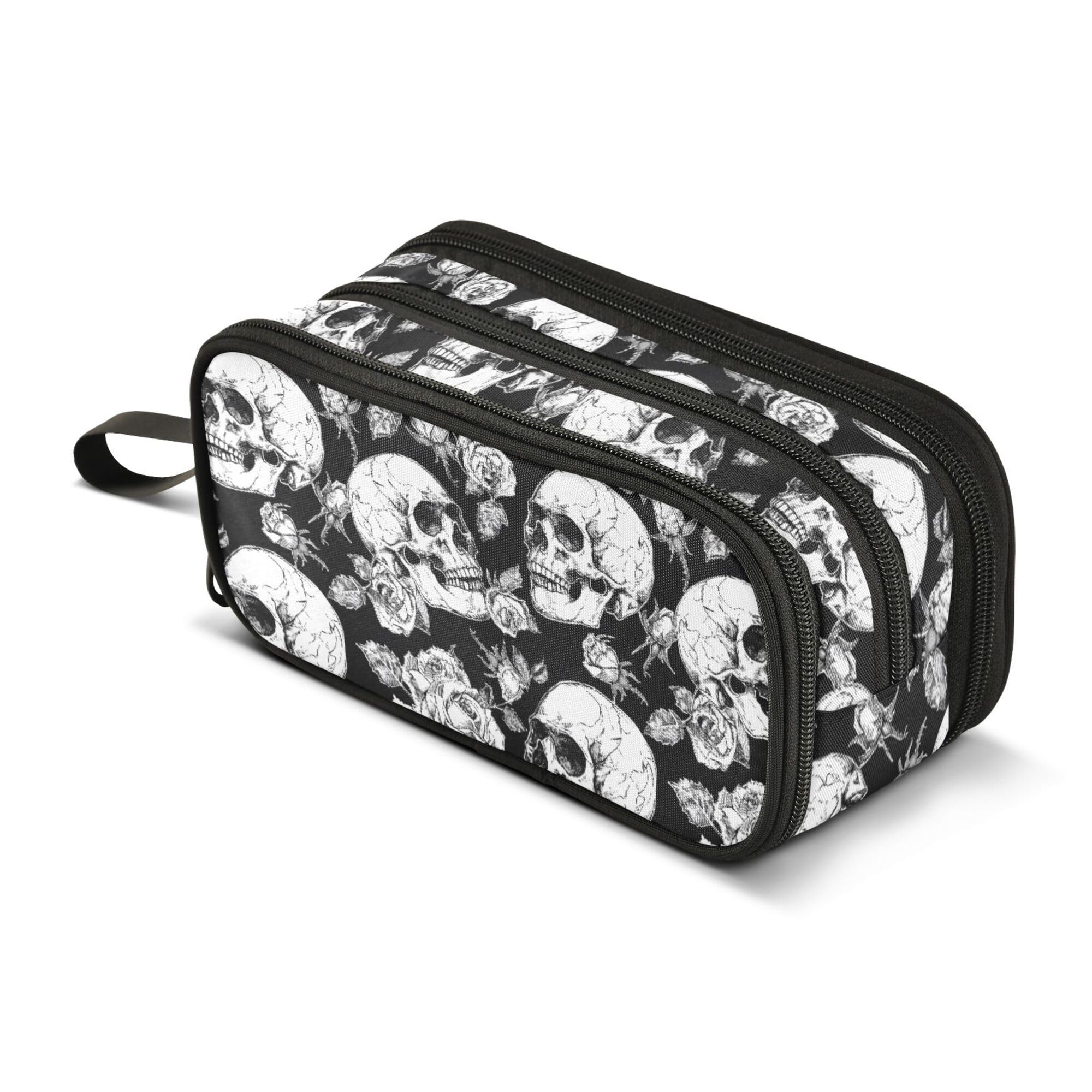 Large Pencil Case, Big Capacity Pencil Bag Pen Pouch Holder 3 Compartments, Gothic Skulls and Flowers School Office Supplies Stationery Makeup Bag Storage Organizer for Students Girls Boys Women Men โ image 1