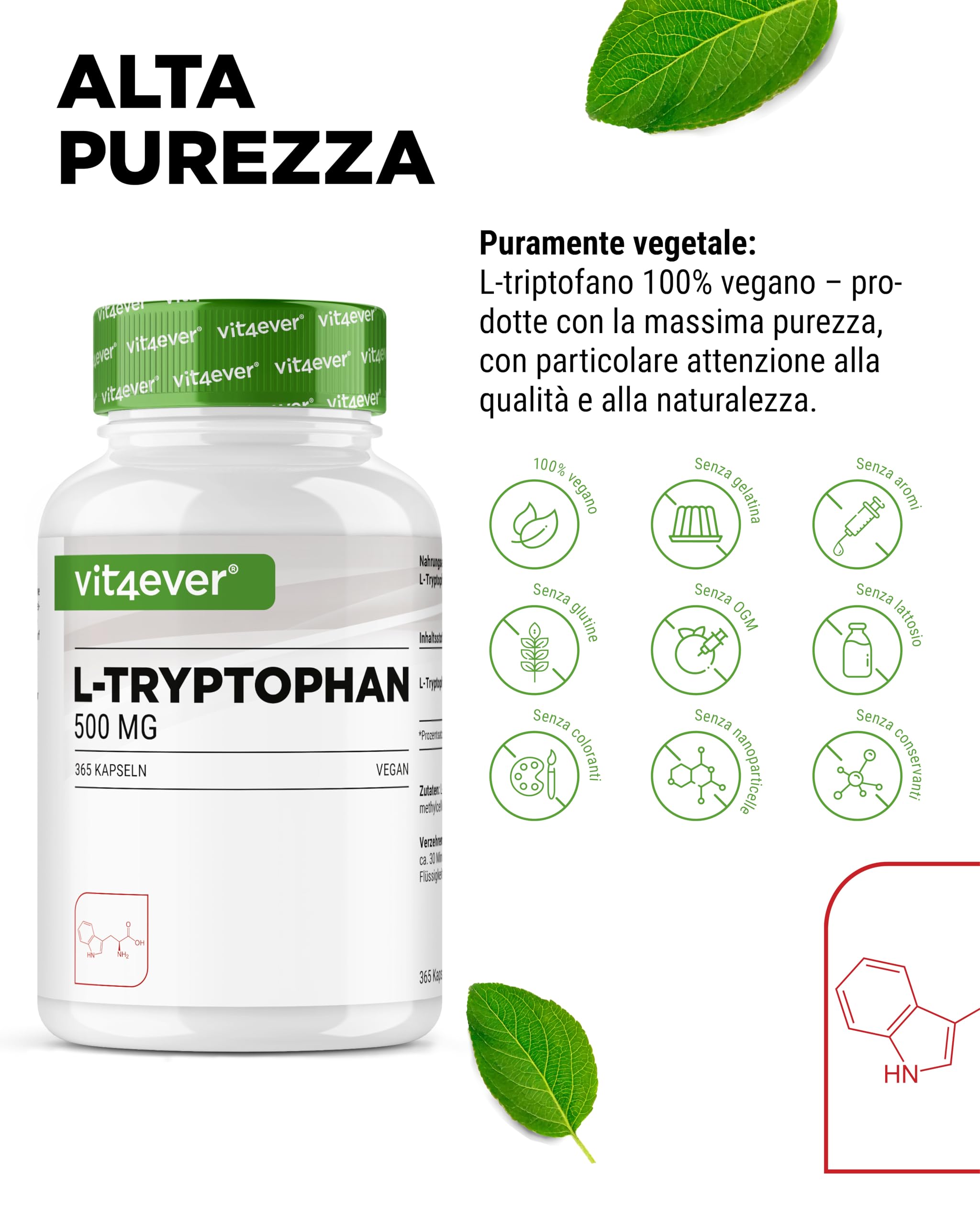 L-triptofano - ad alto dosaggio con 500 mg per capsula - 365 capsule vegane - scorta per 12 mesi - da fermentazione vegetale - senza additivi inutili, vegano