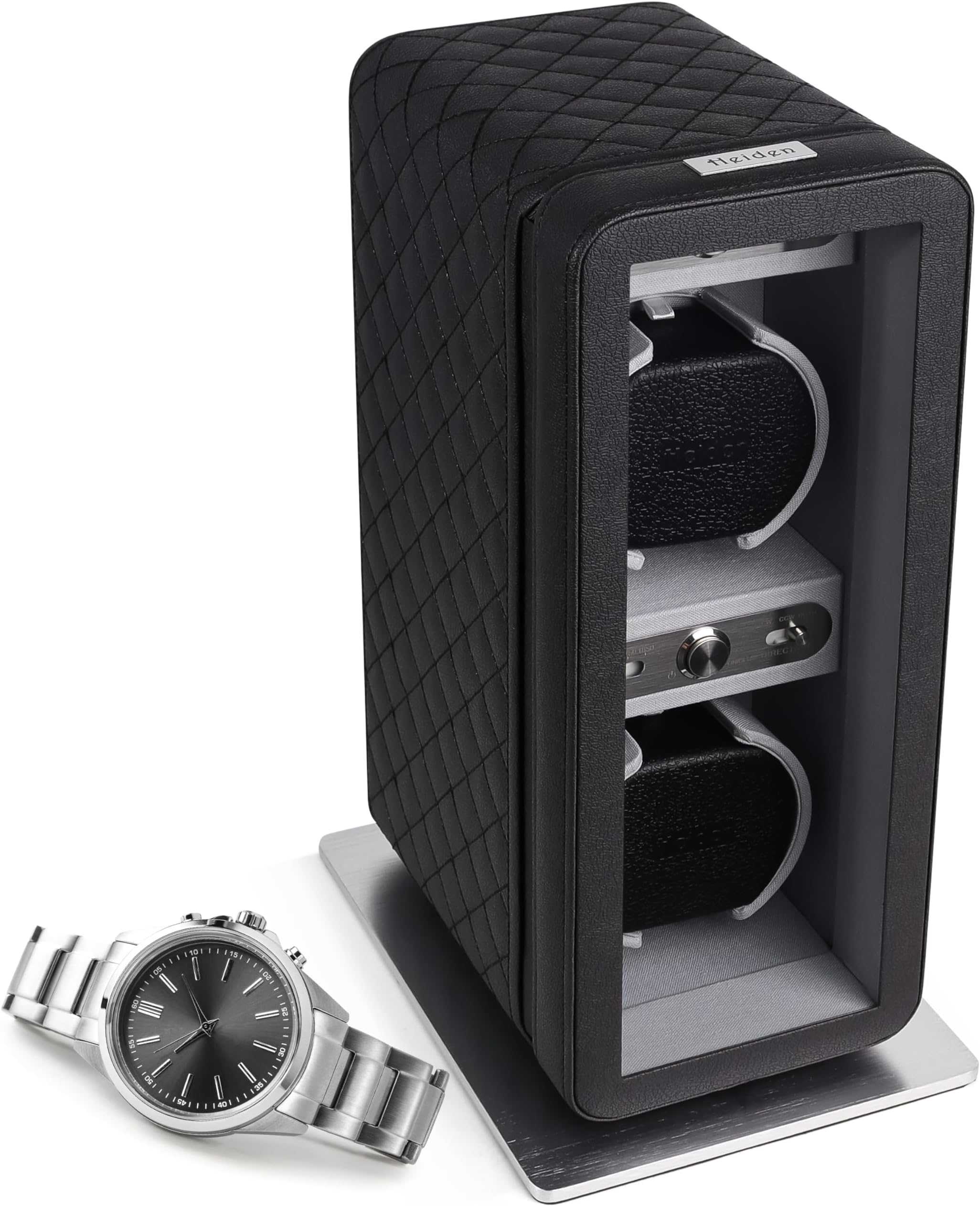 Monaco Double Watch Winder in Black Leather - Battery Powered or AC Adapter, 12 Program Settings, Diamond Stitched Vegan Leather, Soft Linen Interior, Large Interior Space for Large Watches