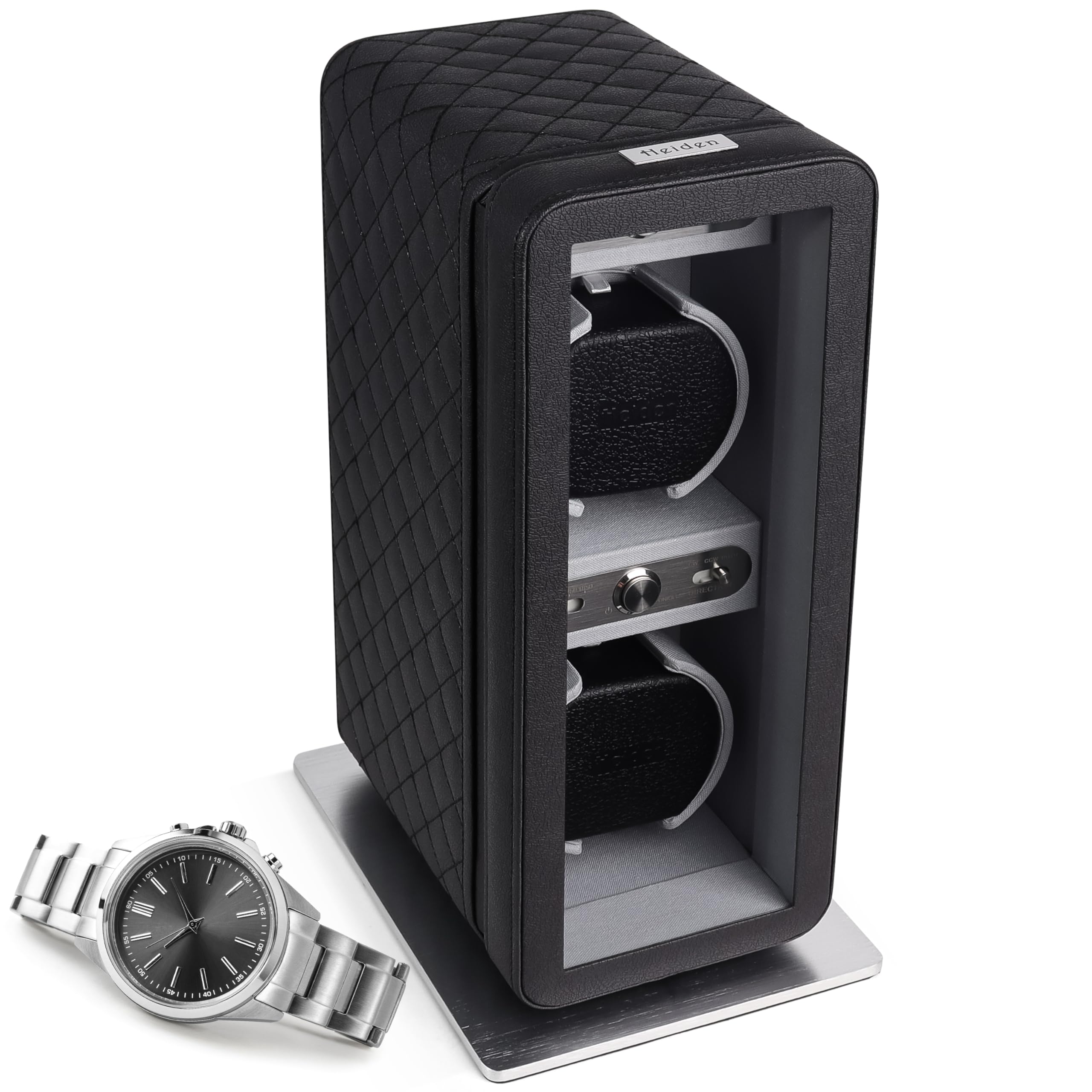 - Monaco Double Watch Winder in Black Leather - Battery Powered or AC Adapter, 12 Program Settings, Diamond Stitched Vegan Leather, Soft Linen Interior, Large Interior Space for Large Watches