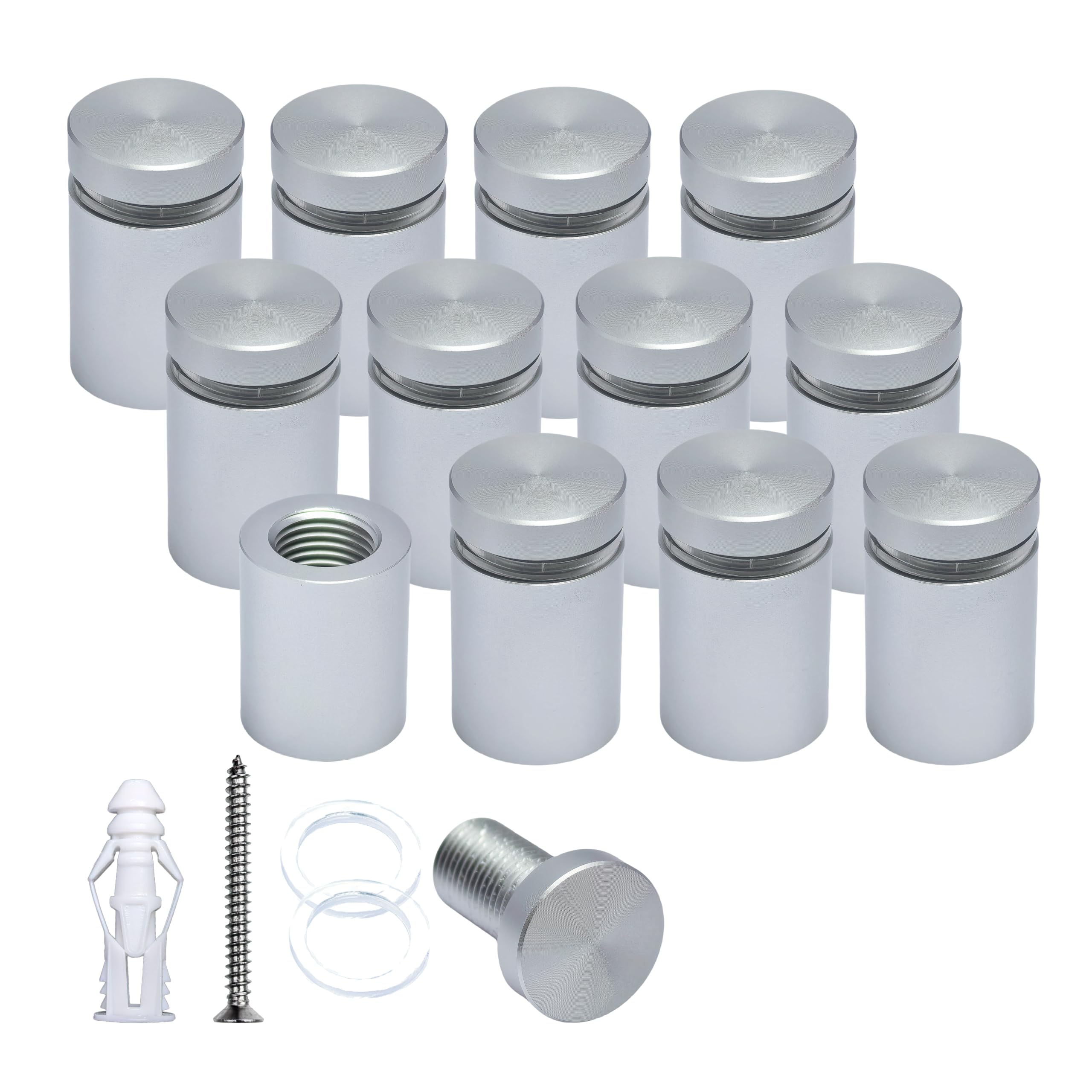 BESTANDOFF 12 Pcs Aluminum Standoff Fixings, Sign Standoff Screws Wall Mount Advertisement Fixings Bolts for Sign Displays, Sign Support Wall Mount (Satin Chrome, 16mm Dia x 20mm H)