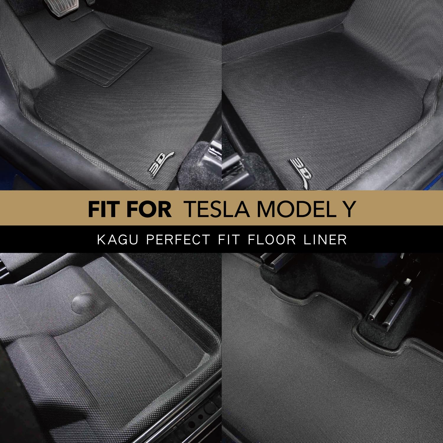 3D MAXpider Custom Fit Kagu Floor Mat (Black) Compatible with Tesla Model Y 7-Seat 2021-2024 - Full Set