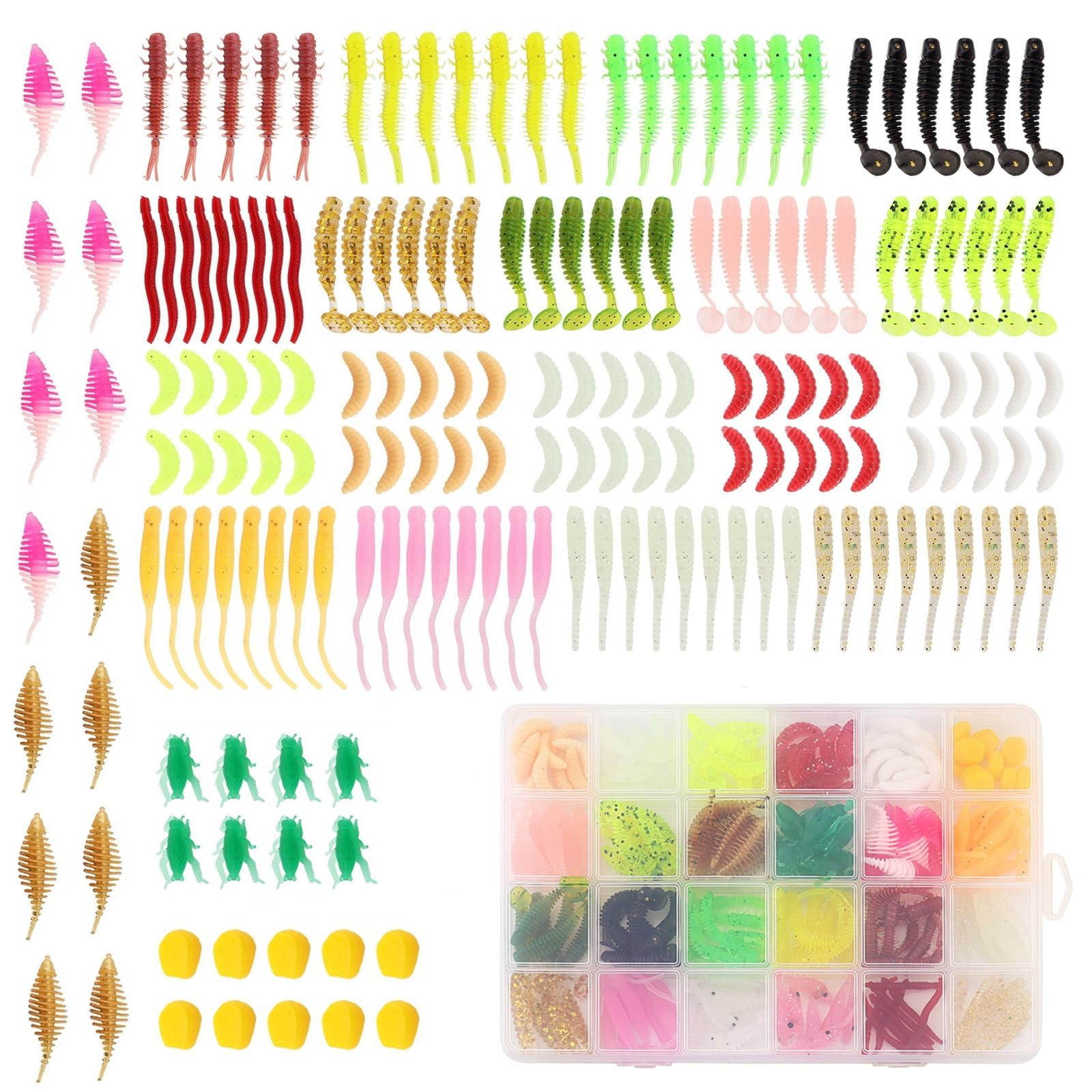 OriGlam 190pcs Fishing Topwater Lures Kits Mixed Artificial Baits Tackle Box, Soft Plastic Fishing Lures Baits Including Soft Worm Shrimp Corn Centipede for Bass Trout Walleye Crappie