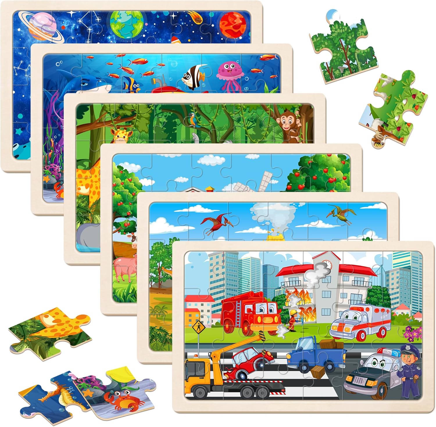 6 Packs Puzzles for Kids Ages 4-6,24Pcs Wooden Puzzles for Kids Ages 3-5,Dinosaur Animals Vehicle Space Farm Jigsaw Puzzles,Preschool Educational Toys Gifts for Children Ages 3+Year Olds Boys Girls