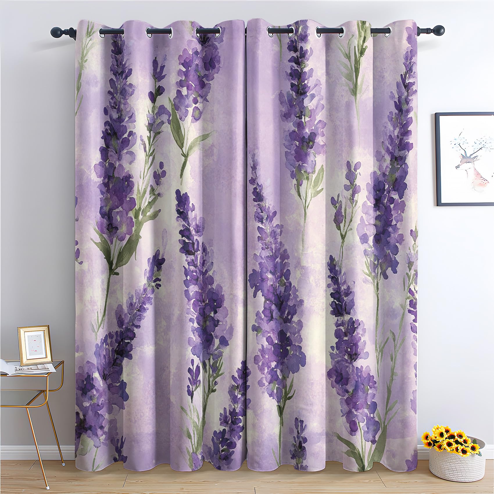 NIYAKA Purple Lavender Curtain Blackout, Flower Watercolor Girl Curtains 42x63, Living Room & Bedroom Decor Drapes, Thermal Insulated Eyelet Window Treatments 63 Drop, 2 Panels