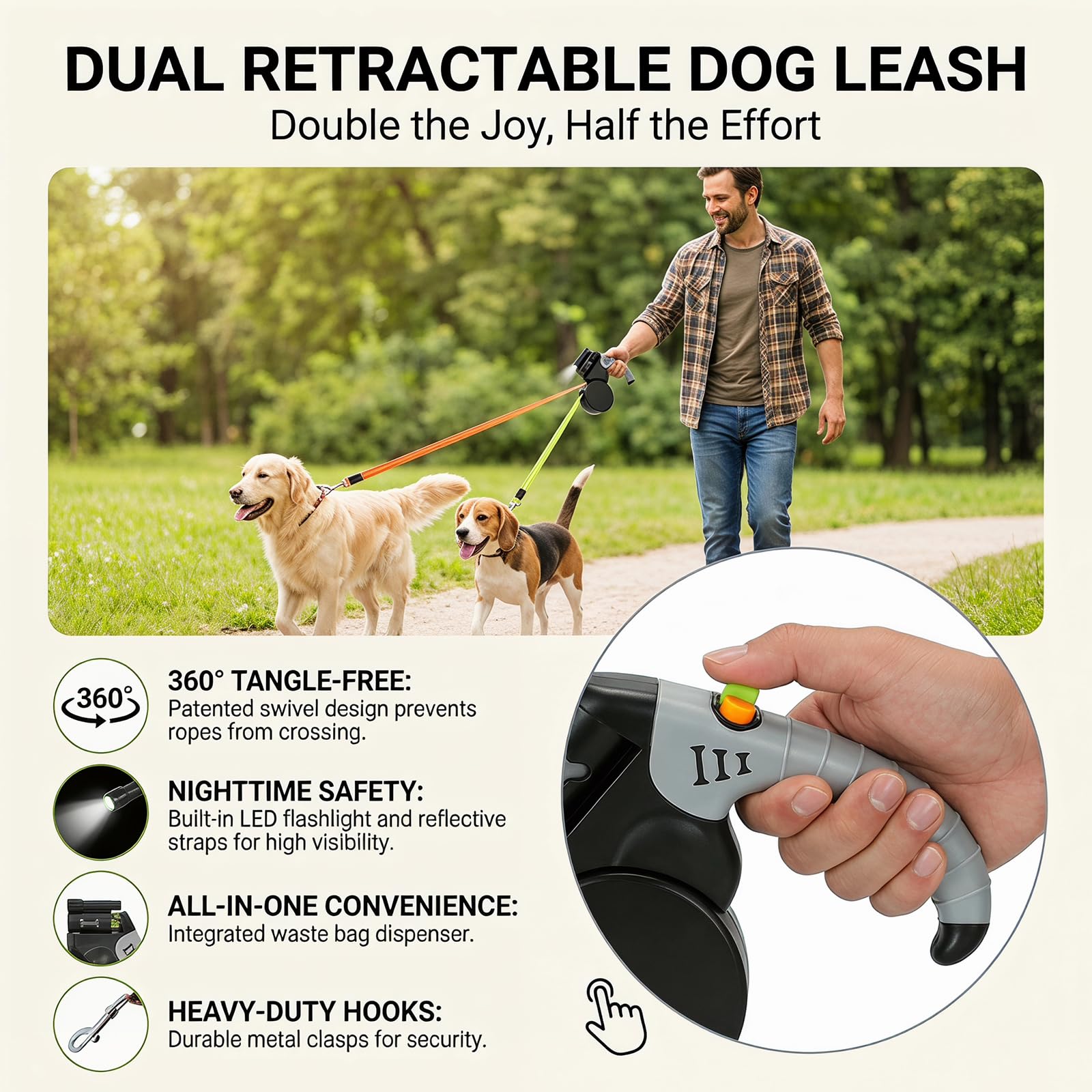 Guinzaglio retrattile per cani, doppio guinzaglio retrattile, guinzaglio automatico retrattile, doppio guinzaglio per cani di taglia media e piccola