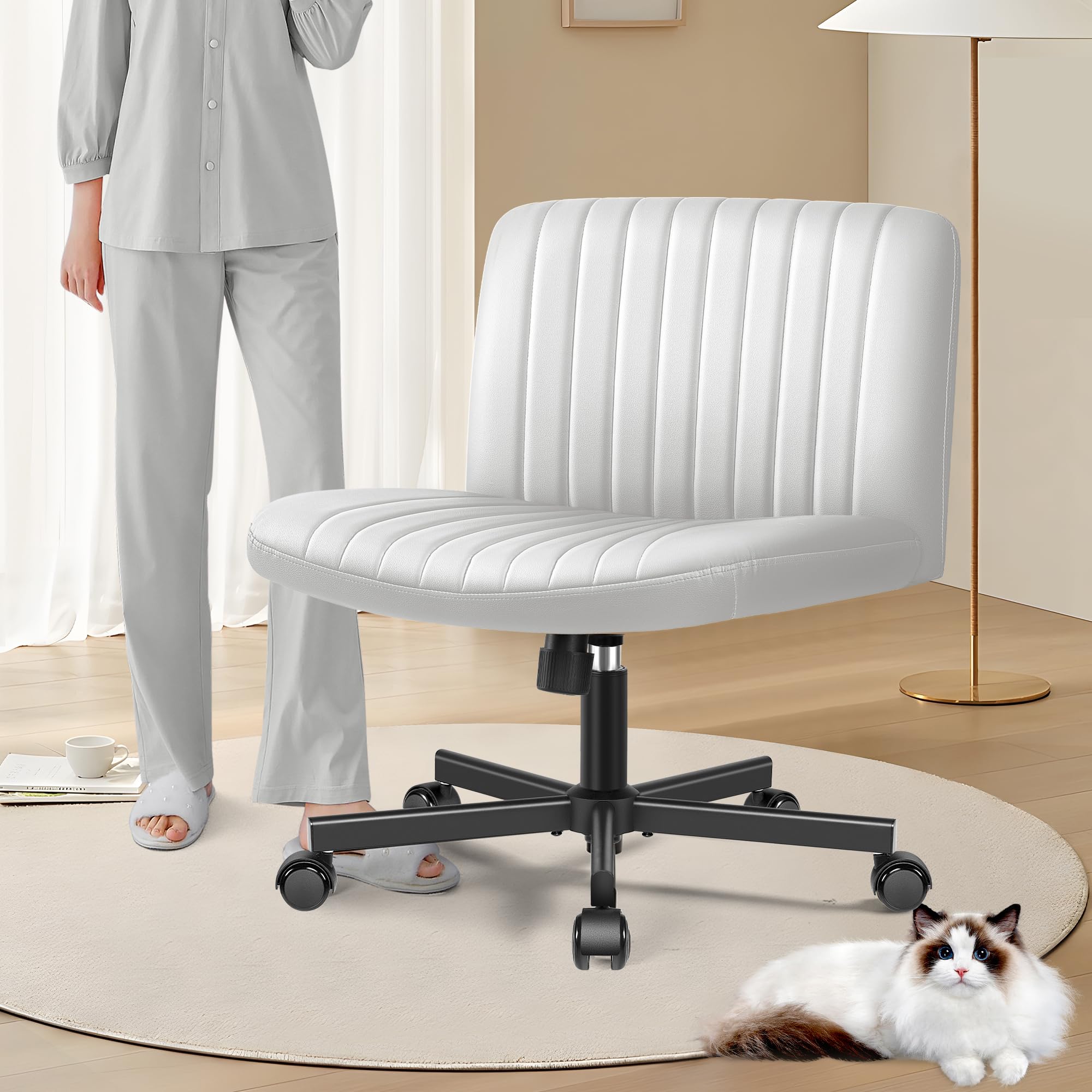 Armless Office Chair with Wheels, Ergonomic Wide Seat PU Leather Cross Legged Desk Chair, Height Adjustable Modern Vanity Accent Chair for Home Office White