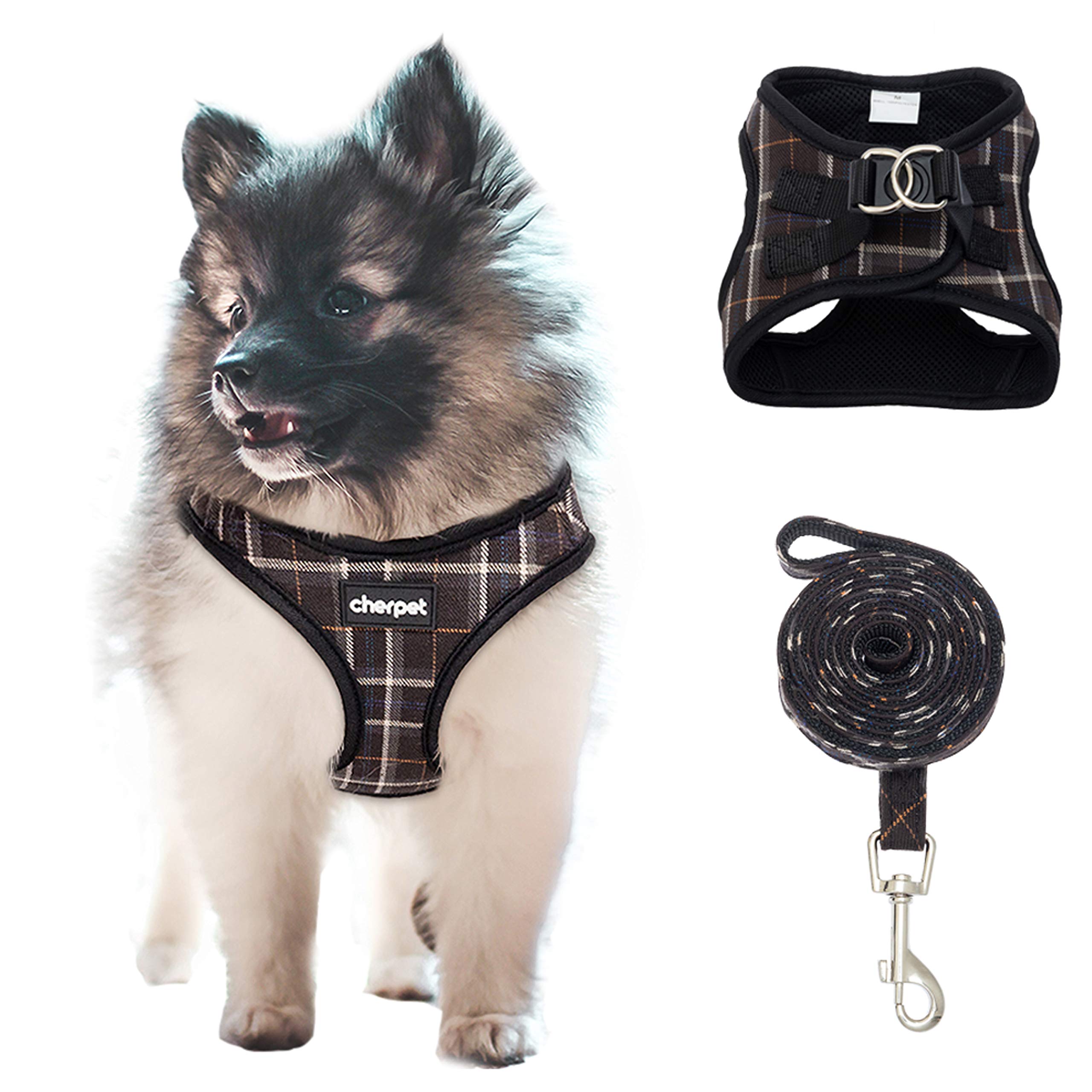 CHERPET Puppy Harness and Leash Set - Plaid Cute Adjustable Small Dog Fulll Body Vest Escape Proof Safety No Pull Halter Mesh Breathable Soft for Easy Walk Outdoor,Comfort Fit Kittens Small Animals
