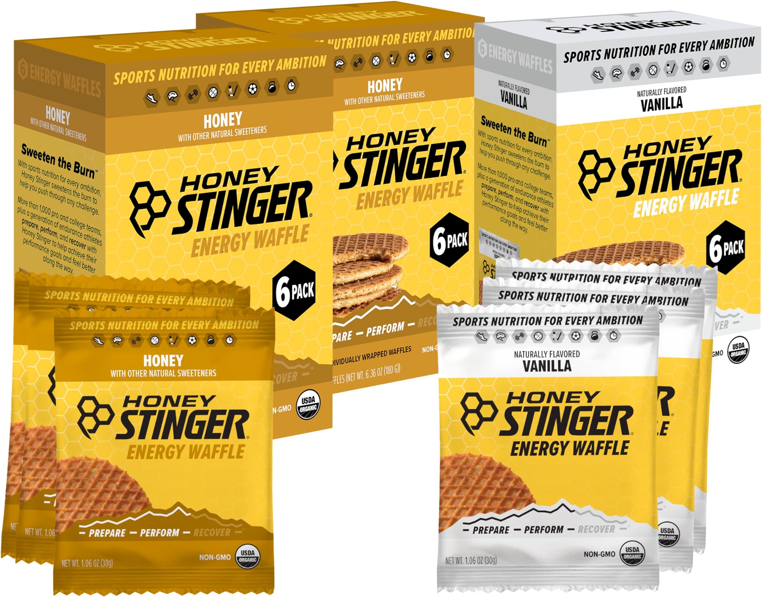 Honey Stinger Organic Energy Waffle Variety Pack of 18, 12 Honey Waffles and 6 Vanilla, Nutritious Stroopwafel Snack for Exercise, Endurance and Performance