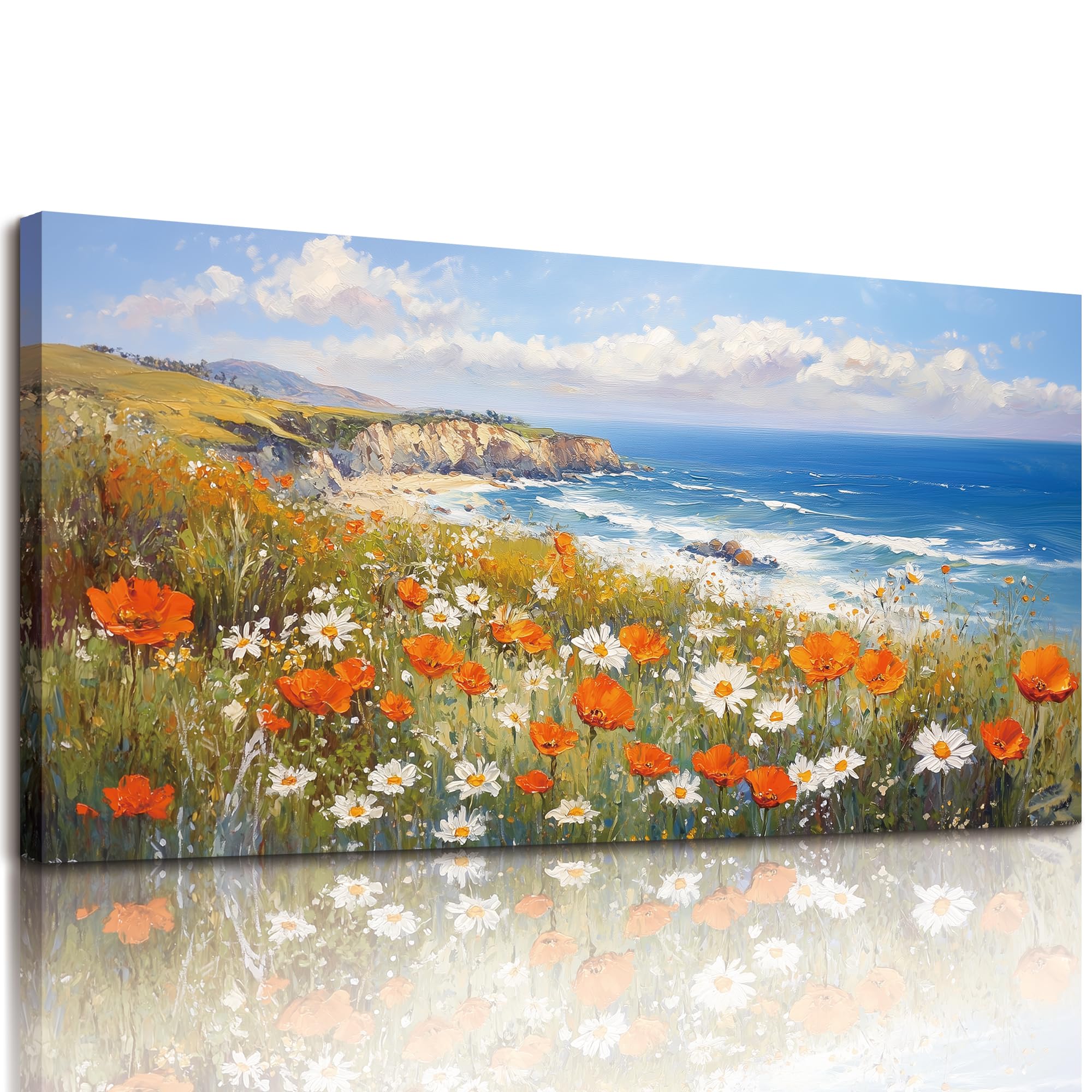 MHARTK66 Canvas Wall Art for Living Room Large, 23"x47" XXL Blue Sea and Flowers Modern Bedroom Decor Aesthetic, Pictures Prints Wall Decorations for Office Bathroom Hallway Dining Room