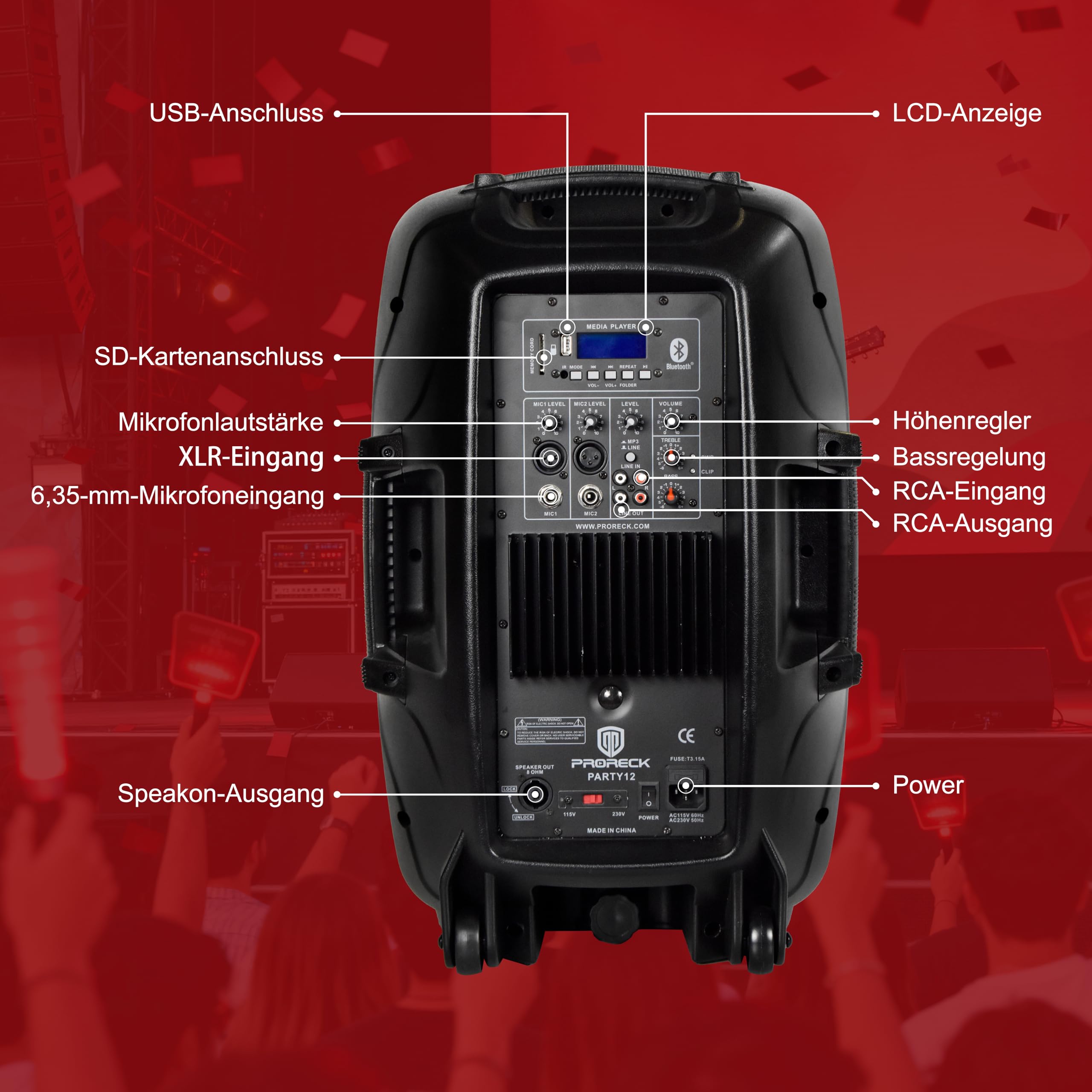 PRORECK Party 12 12-Zoll-2-Wege-Aktiv-PA-Lautsprechersystem-Kombiset mit 1000 Watt, Bluetooth/USB-Laufwerk-Lesefunktion/SD-Kartenleser/FM-Radio/Lautsprecherständer