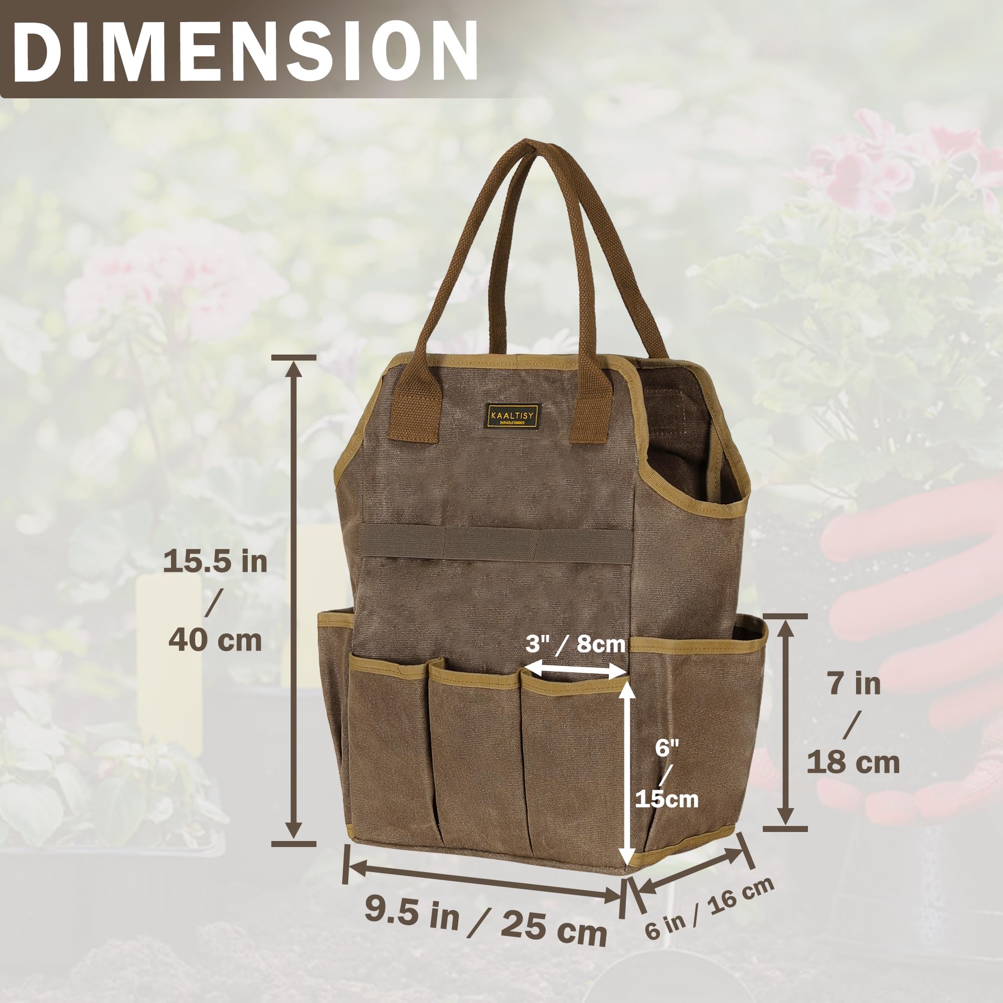 Bolsa de lona para herramientas de jardín, lona encerada de 16 onzas, bolsa de almacenamiento de herramientas de jardín, con 3 ranuras interiores y 8 bolsillos exteriores, bolsa organizadora de