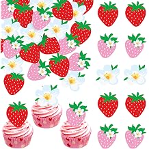 Rsstarxi 60 Pack Edible Strawberry Cupcake Toppers Rice Paper Strawberry Shortcake Cupcake Picks Decoration for Baby Shower Wedding Boys Girls Birthday Party Cake Decorations Supplies Pink