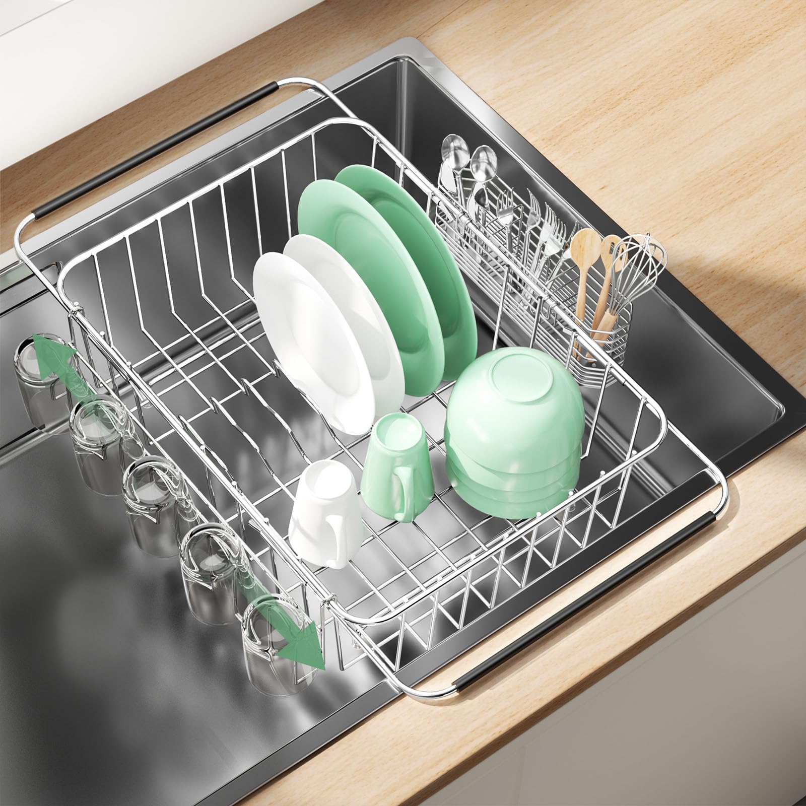 Fanbsy Dish Drying Rack in Sink, Extendable Stainless Steel Dish Drainers for Kitchen Counter, Anti-Rust Dish Dryer Rack with Utensil & Cup Holders,