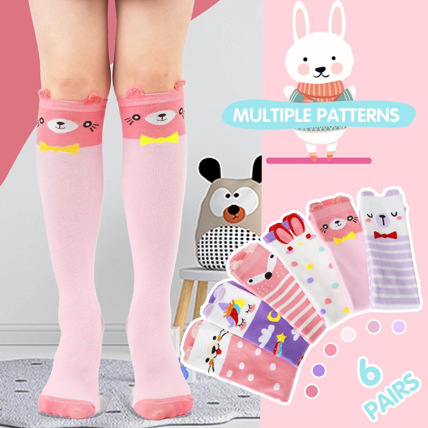 MOGGEI 6 Pairs Kids Girls Knee High Socks Gift Long Crazy Silly Tall Funny Boot Cute Animal Child Fun Socks - Image 4