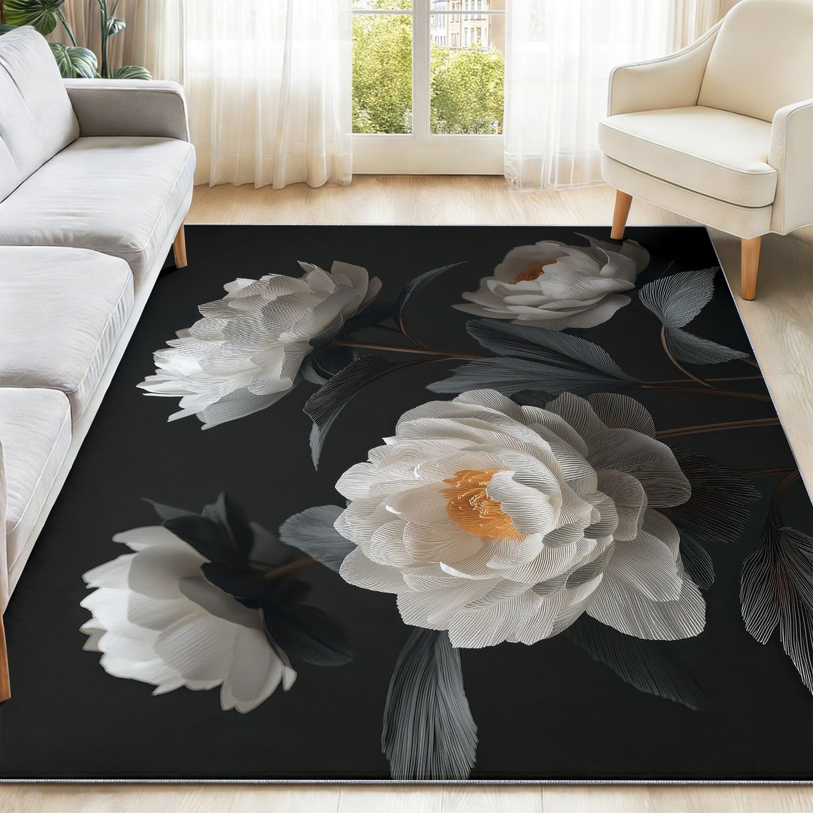 Dywan o powierzchni roślin, 80 x 150 cm, miękki dywan, biała piwonia, kwiat, zmywalny, do salonu, na sofę, przy łóżku, do mieszkania, powitalna mata wejściowa