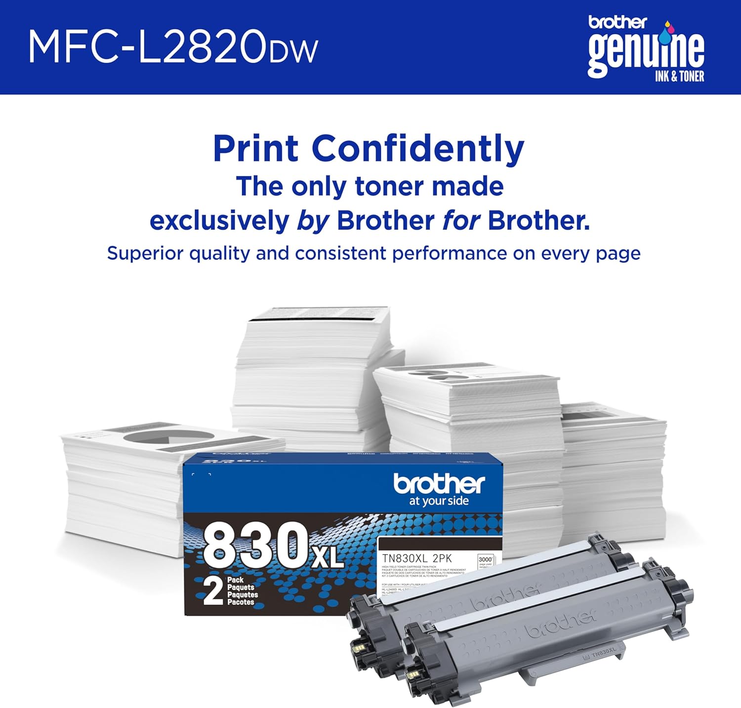 Brother Wireless MFC-L2820DW Compact Black & White All-in-One Laser Printer TN830XL2PK Bundle with Copy, Scan and Fax, Duplex and Mobile Printing, Refresh Subscription Ready
