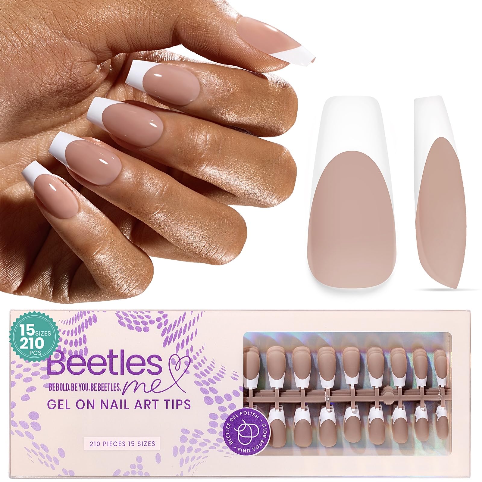 Beetles French Tip Press On Nails, 15 Sizes 210 Pcs Brown Short Coffin Press On Nails 4 in 1 Gel Nail Tips Pre-Applied Primer Base Coat Soak Off Uv Nail Extension Kit Gift for Women