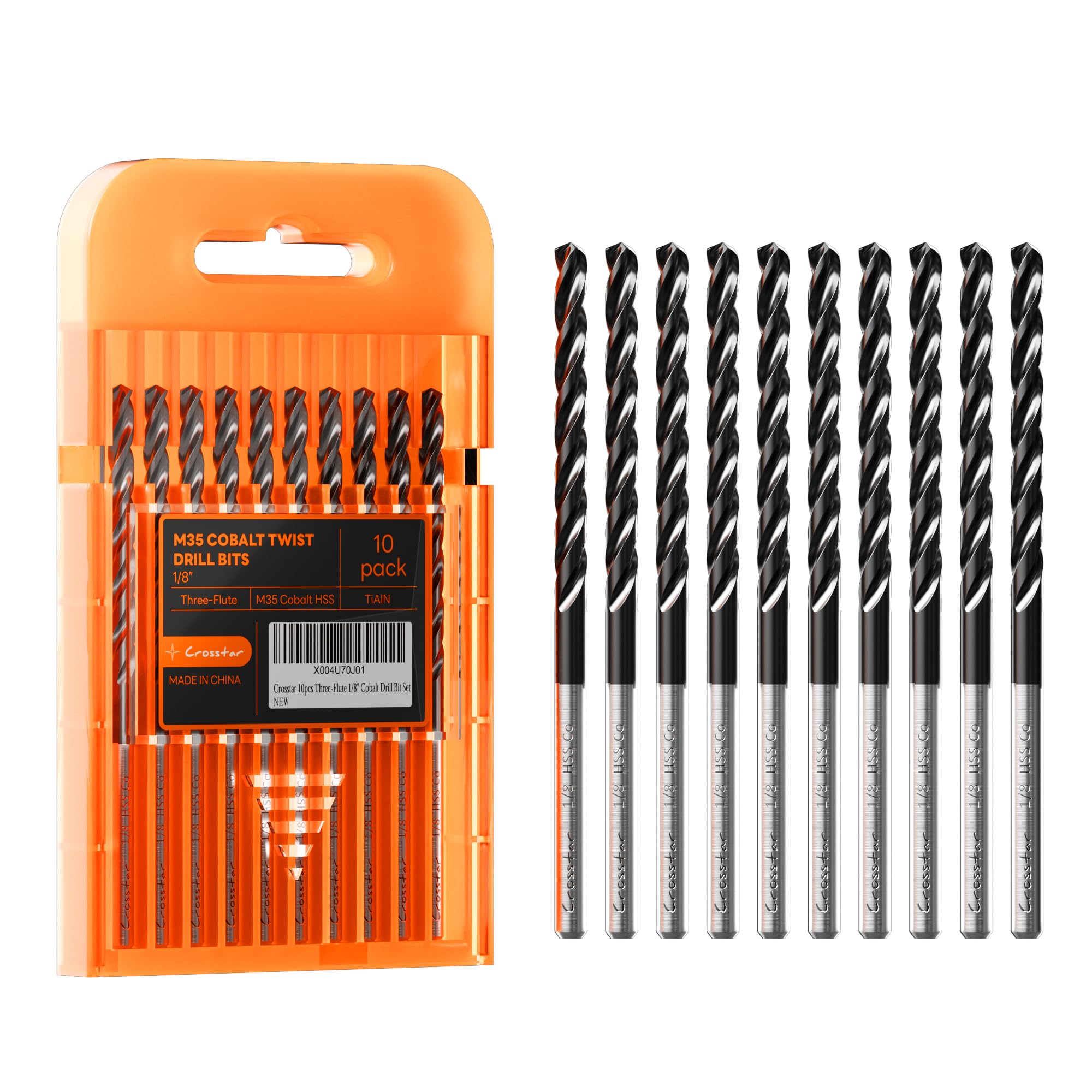 Crosstar M35 Cobalt Drill Bit Set,Three-Flute Design,1/8",10 Pack