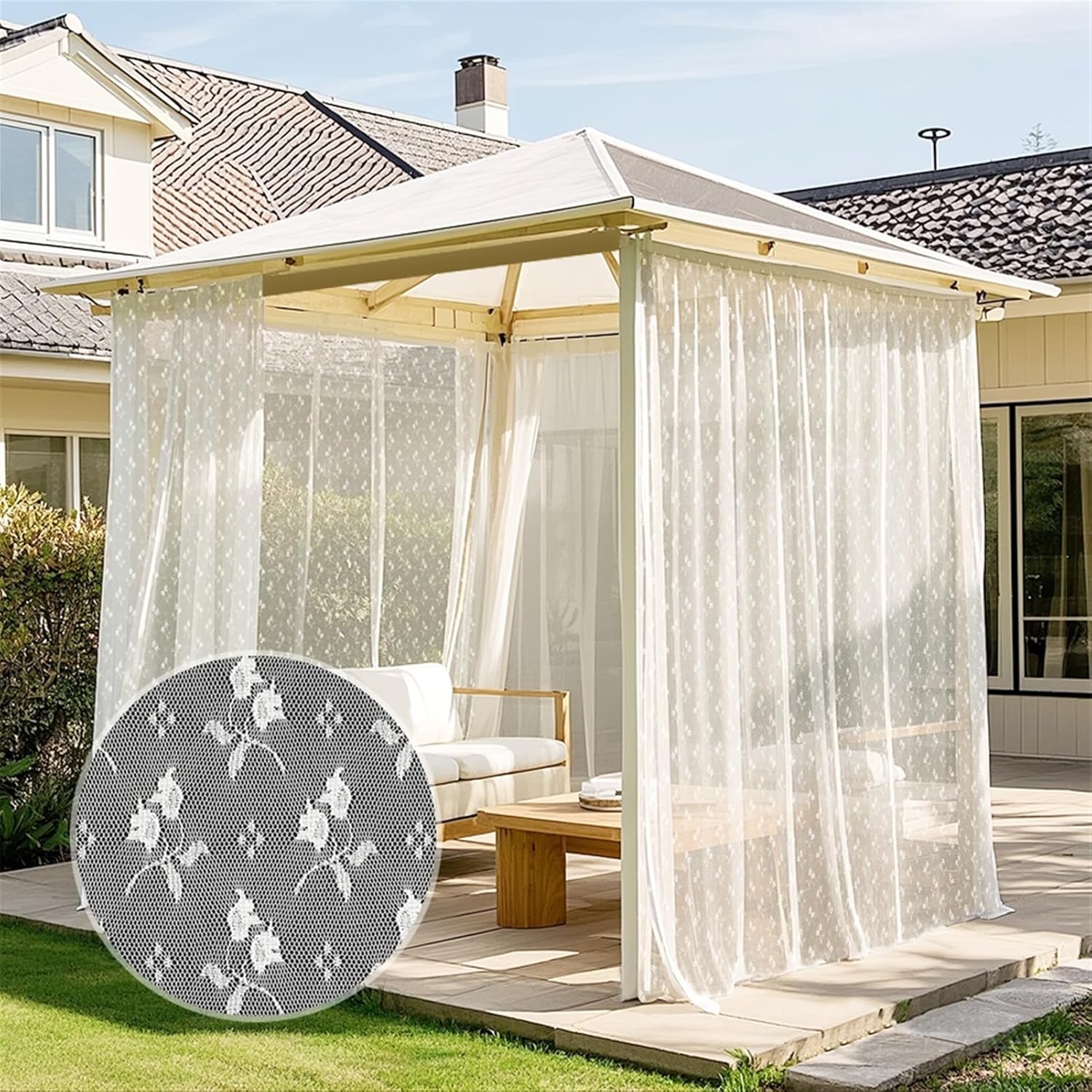 Outdoor Sheer Curtains for Patio Waterproof, 2 Panels Rod Pocket Light Filtering Indoor Lace Curtain for Gazebo, Porch, Pergola, White, W62 x L120