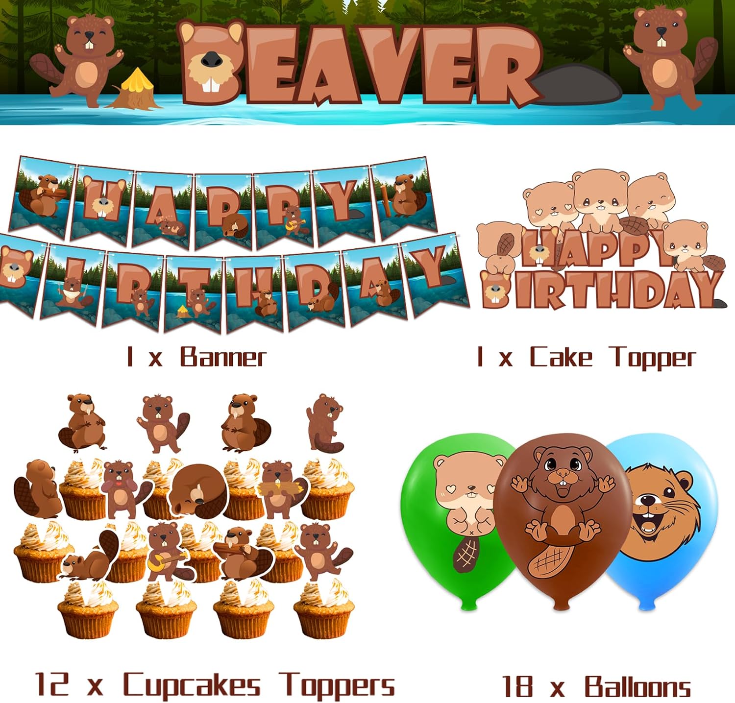 Beaver Party Decorations Beaver Birthday Party Supplies Includes Beaver Birthday Banner Cake Topper Cupcake Toppers Balloons for Birthday Decorations Canada Party Decorations