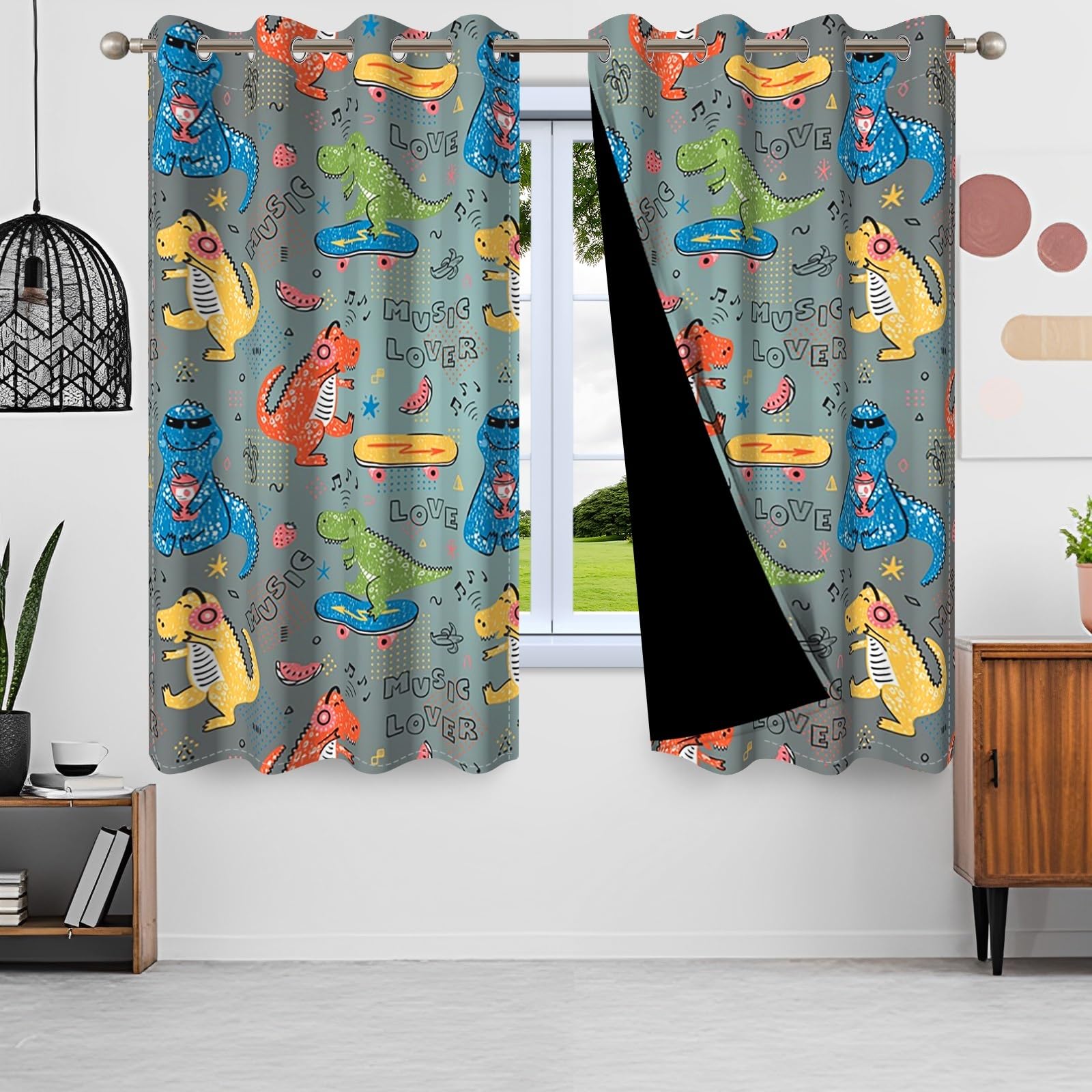 ggaimwf 42"x 63" Cartoon Dinosaur Eyelet Curtain for Kids Bedroom Cute Dino Skateboard Thermal Grommet Room Dividers Blackout Window Drapes for Nursery Boys Girls Playroom Living Room,2 Panels - Image 3