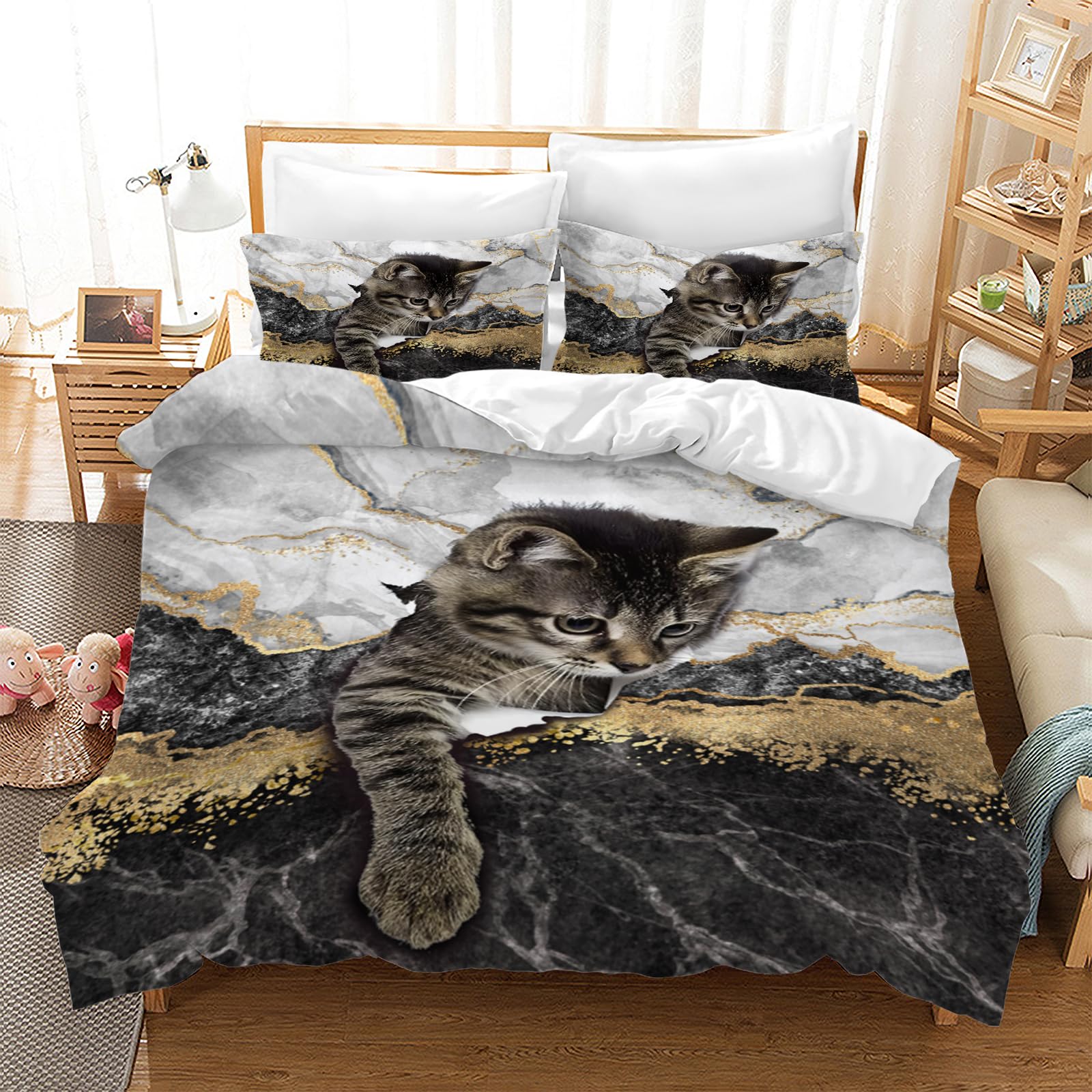 MIQEBX Cat Printed Bedding Set 135x200cm Cute Cat Duvet Cover with 2 Pillowcases 3D Pet Printed Microfiber Bedding Set for Adults Kids Girls (Black 1, Single（135×200cm）)