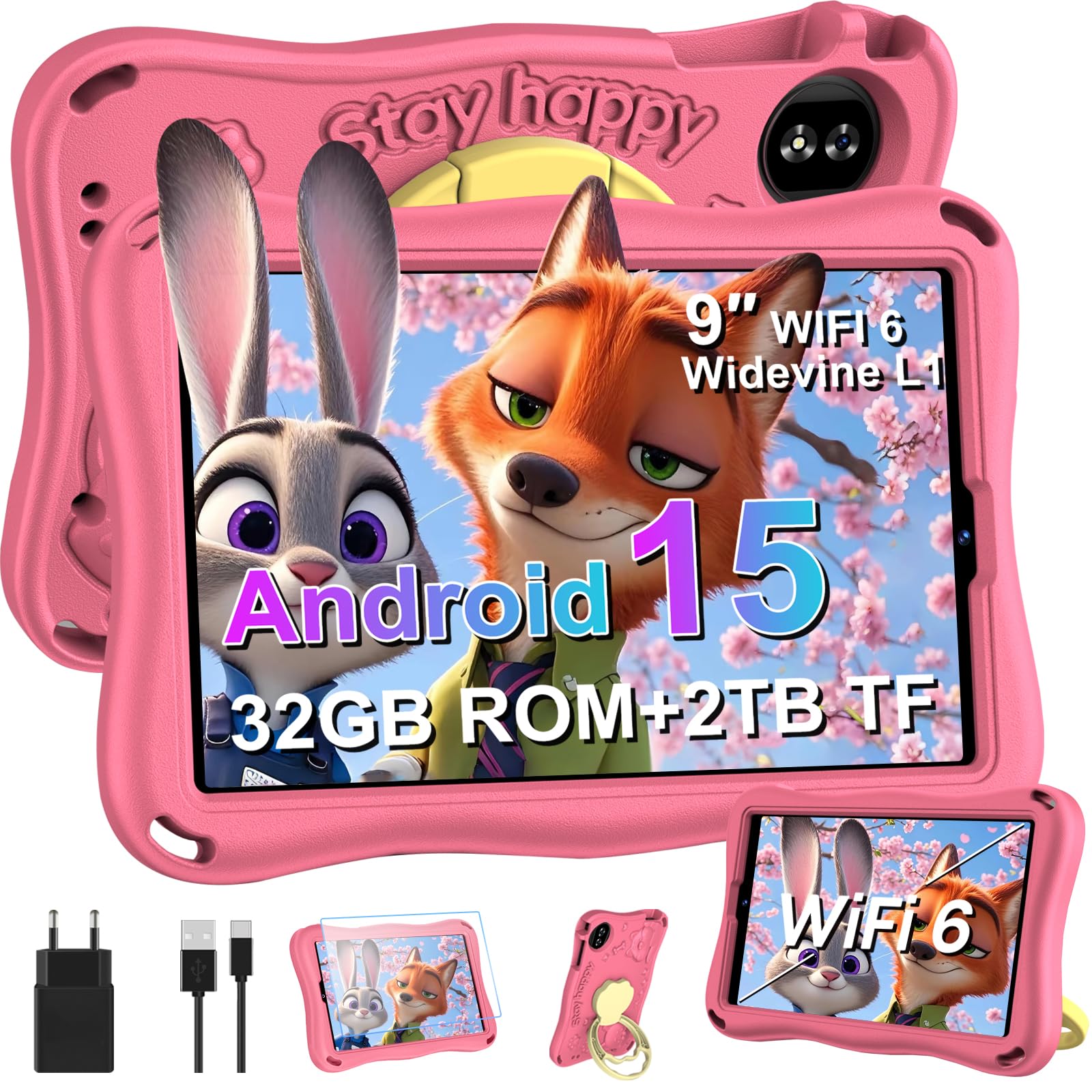 Tablet per bambini da 9 pollici, Android 15, con 12 GB RAM + TF 1 TB, 5G WiFi, Octa-Core, Widevine L1, GPS, Face ID, sicurezza bambini, 5000 mAh, 1340 x 800, supporta BT 5.0, tablet per bambini