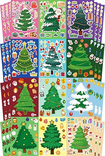 48 hojas para hacer tus propias calcomanías para árbol de Navidad para niños, 12 diseños diferentes de árbol de Navidad, regalos divertidos para