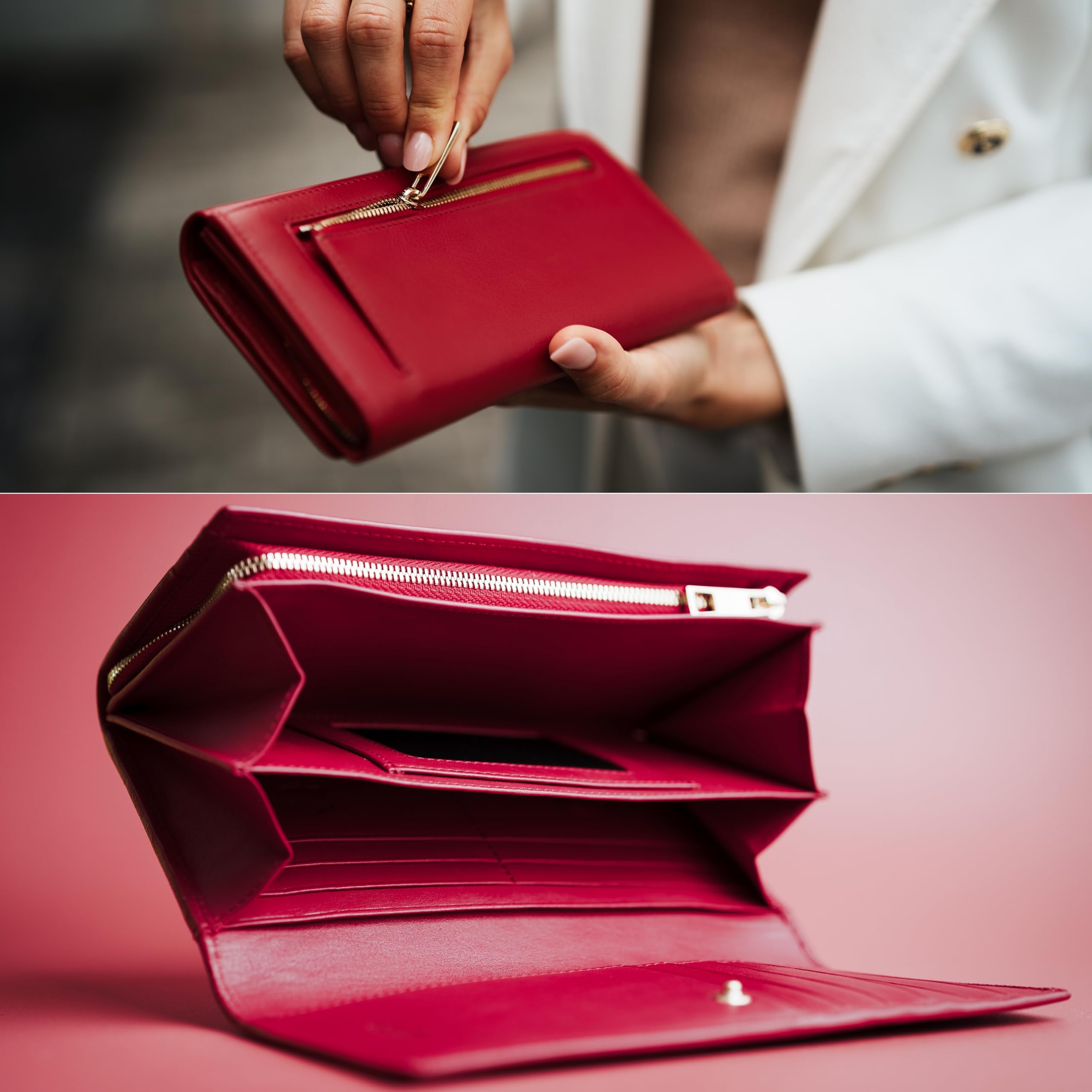 Baur portafoglio da donna – vera pelle nappa con protezione RFID – portafoglio grande con 18 scomparti carte e scomparto monete con cerniera metallica – tutto in pelle (Design oro, Rosso)