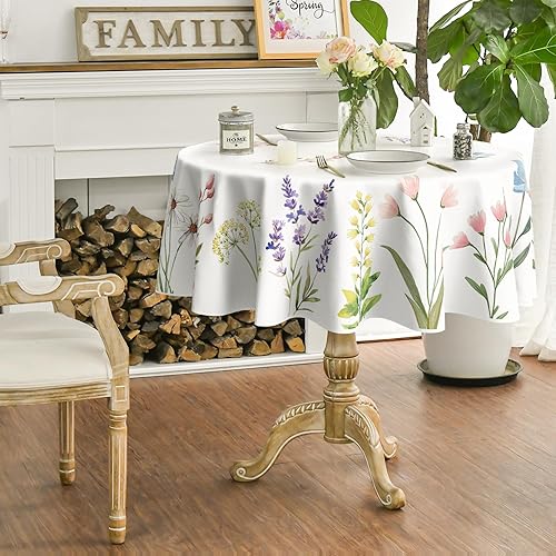Miniatura 5 de Horaldaily Mantel redondo de primavera y verano de 70 x 70 pulgadas, diseño de flores silvestres y flores florecientes para decoración de fiestas,