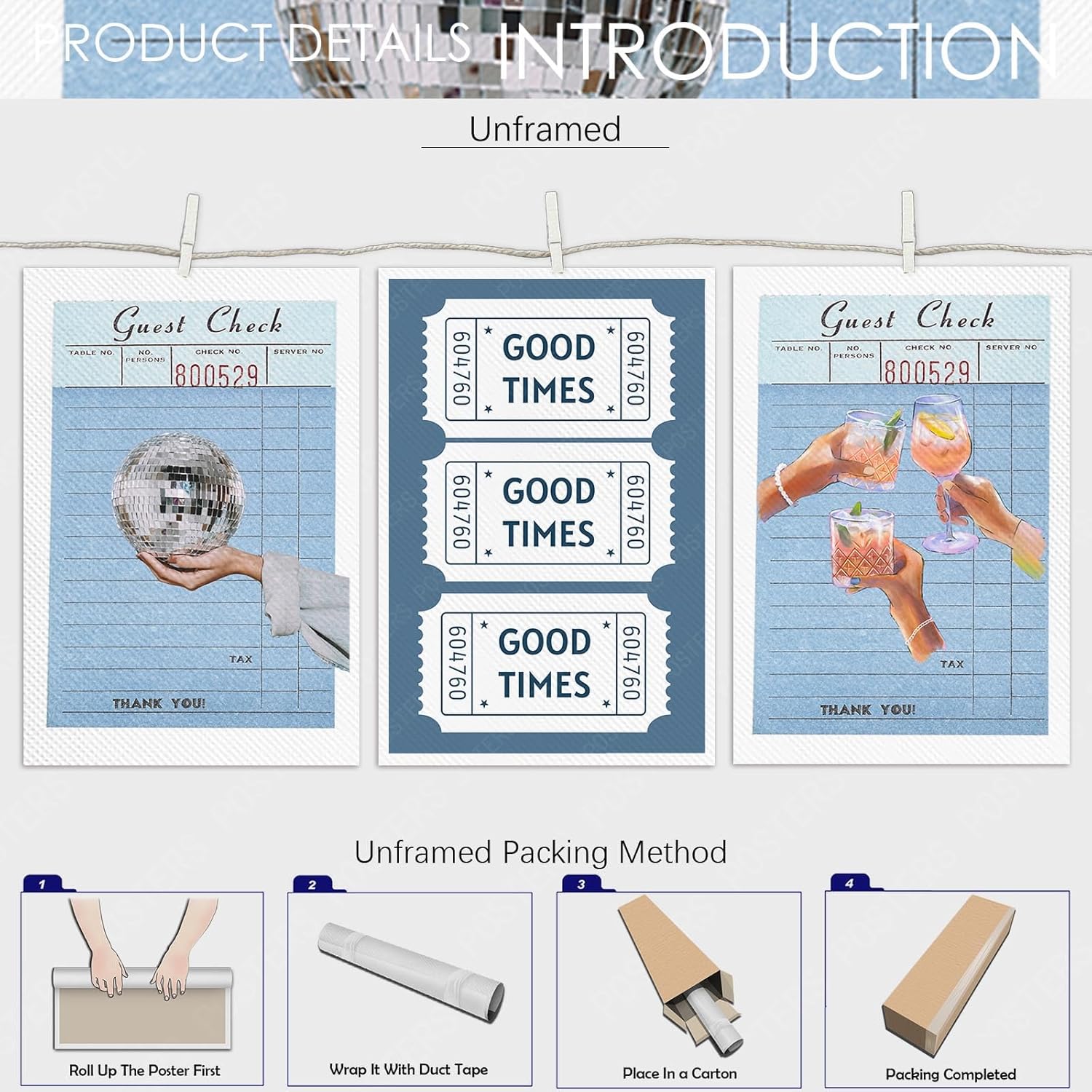 Set Of 3 Light Blue Guest Check Poster Canvas, Vintage Guest Check Cocktail Canvas Wall Art Print,Good Times Blue Wall Decor For Home Bedroom Dorm 16X24 in Unframed-Canvas Rolled Up