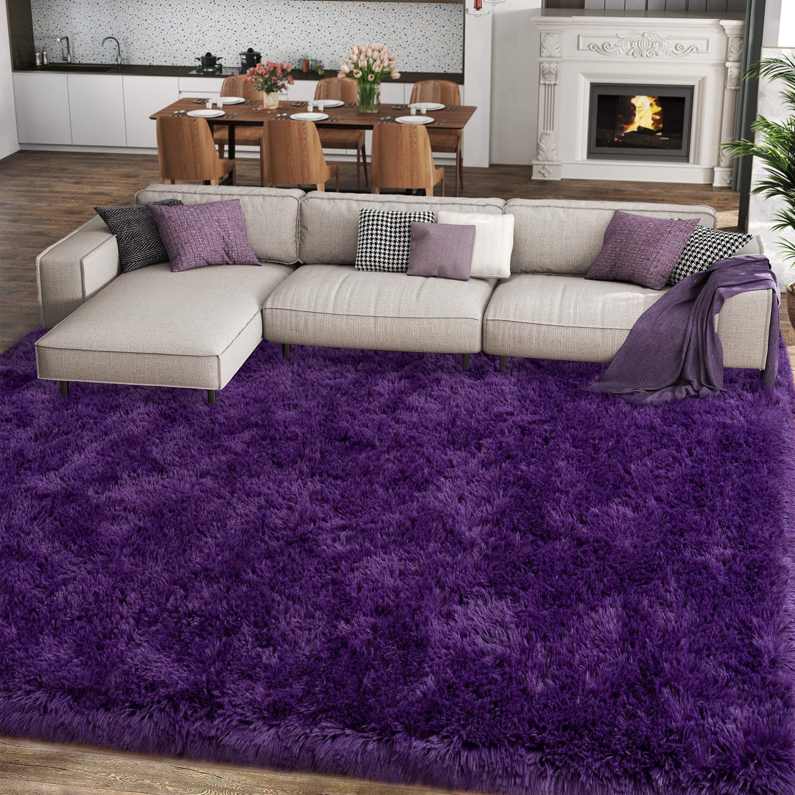 Tapis moderne à poils longs violet grand format tapis de chambre ultra doux décoration salon