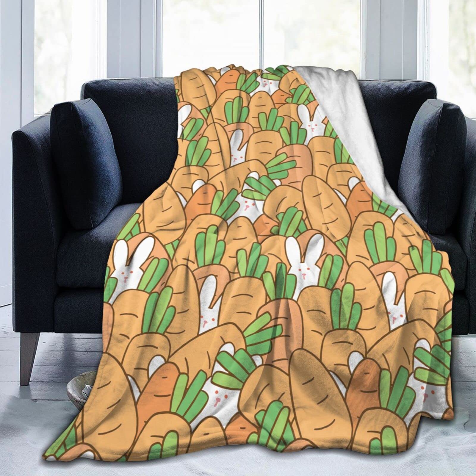 Lsjuee Cartoon Rabbit and Carrot Throw Blanket Soft Warm Cozy Lightweight Blankets Easter Bunny Flannel Blanket for Sofa Couch Bed Office Holiday Decorative 50"X40"