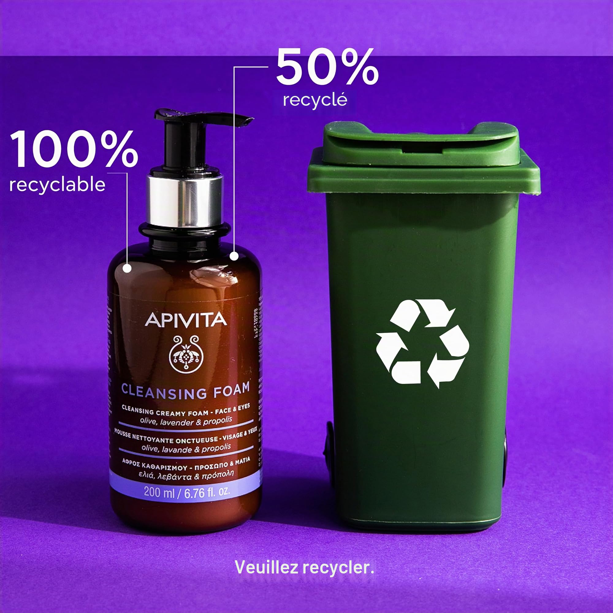 Apivita Mousse Nettoyante Visage & Yeux 200ml - Nettoie Efficacement, Apaise et Conforte - Moussante Crémeuse Légère Démaquillante - Anti-Pollution - Formule Naturelle : Olive, Propolis, Lavande
