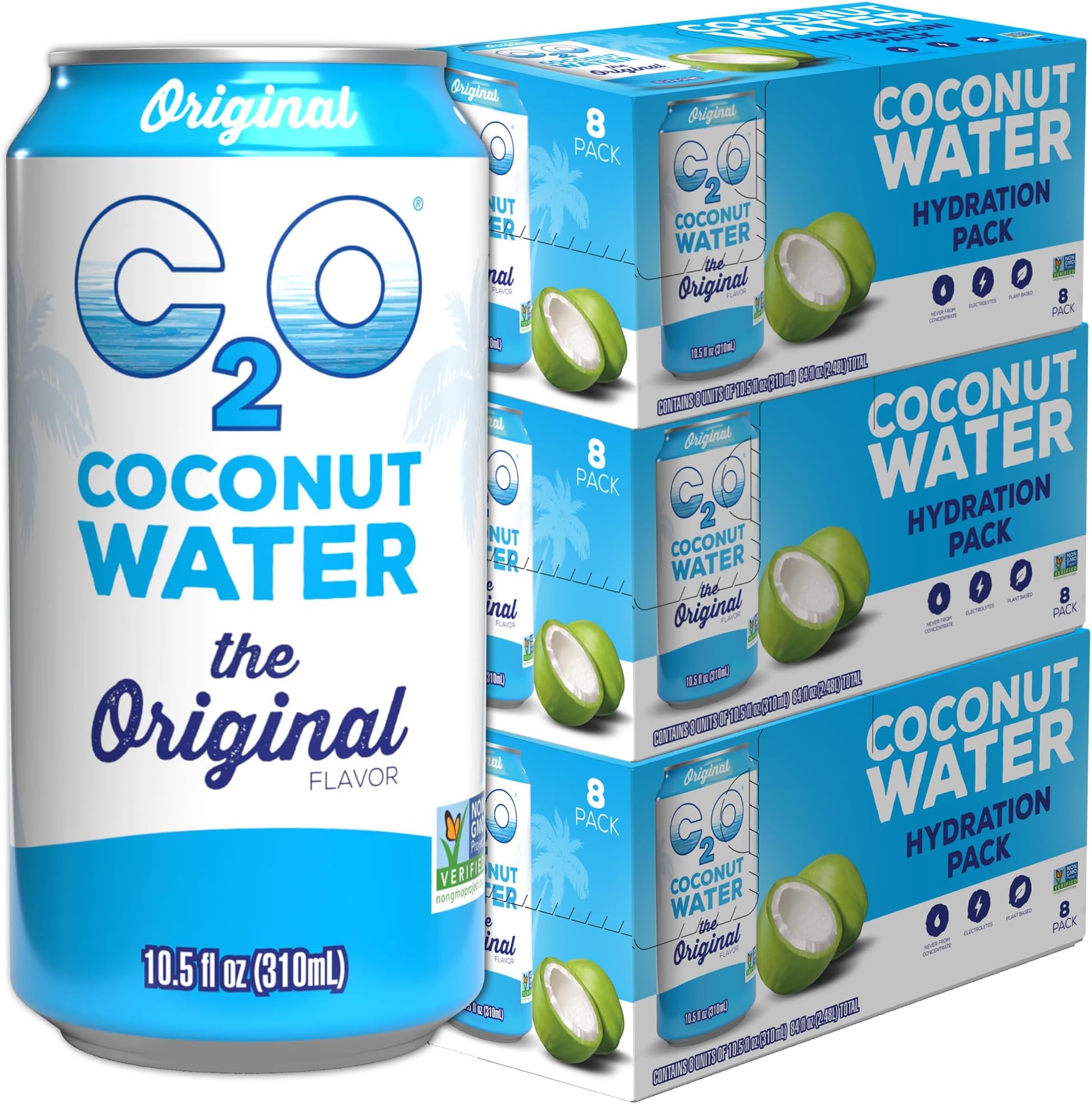C2O - Coconut Water, The Original Flavor (24 Pack, 3 Boxes of 8) - Made with Fresh Coconut Water - Plant Based, Non GMO Canned Water - Natural Hydration, Electrolytes & Potassium - 24 Cans, 10.5 FL OZ
