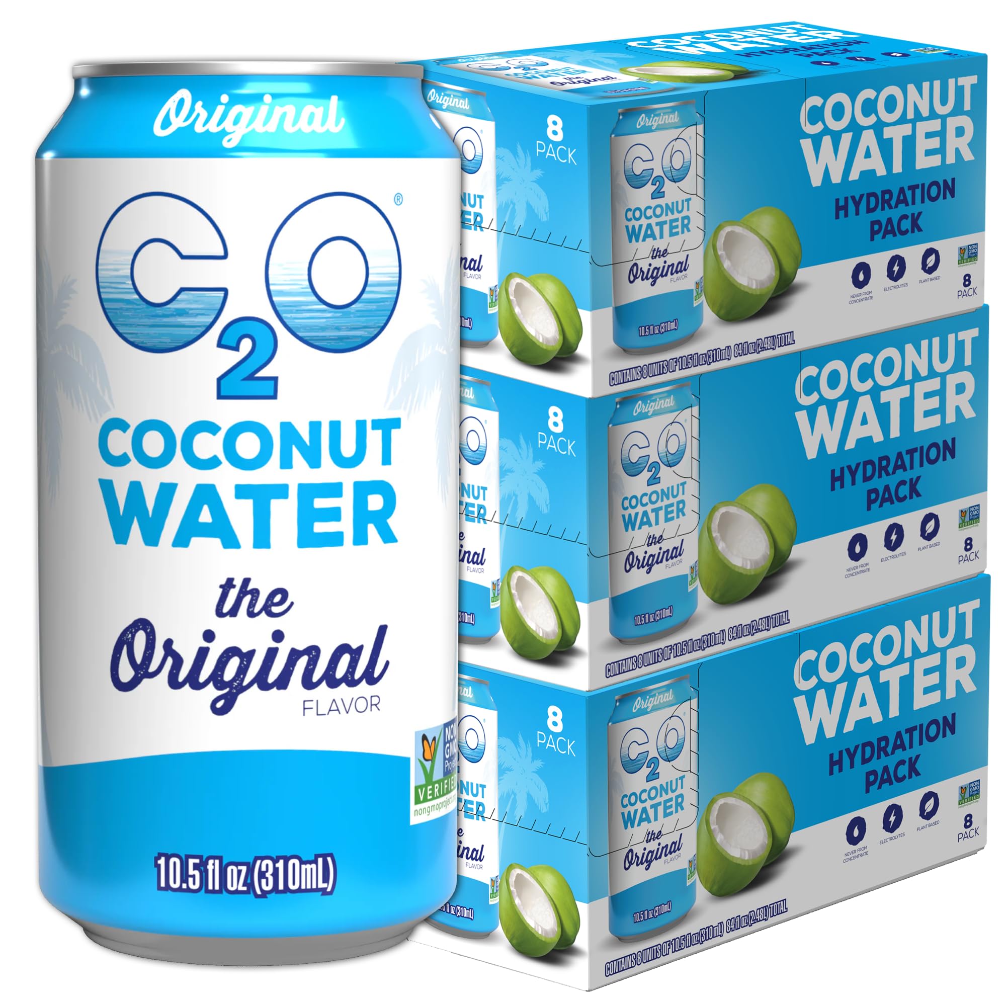 C2O - Coconut Water, The Original Flavor (24 Pack, 3 Boxes of 8) - Made with Fresh Coconut Water - Plant Based, Non GMO Canned Water - Natural Hydration, Electrolytes & Potassium - 24 Cans, 10.5 FL OZ