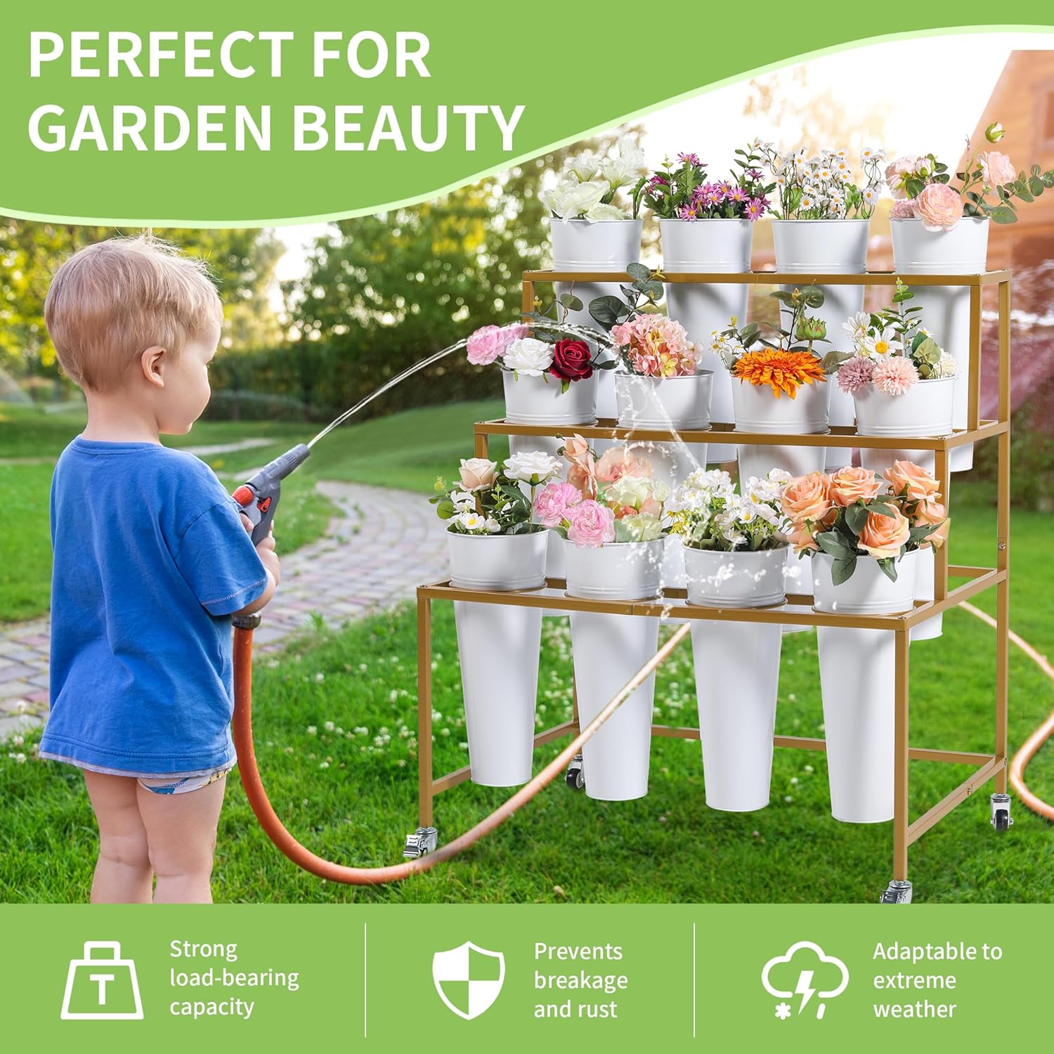 Flower Cart Display Stand, 3 Layers Metal Flower Bar Stand with 360° Swivel Wheels and Brake, Flower Display stand with Iron Buckets, Durable than Plastic Buckets, Flower Holder for Florist or Wedding