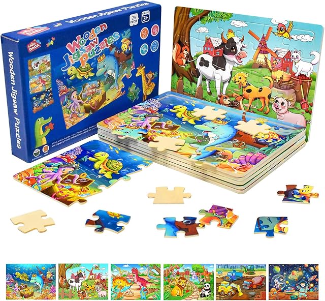 Wooden Jigsaw Puzzles for Kids 3 4 5 Year Olds | 24 Piece Wooden Puzzles for Children Gifts Girls Boys (6 Packs)